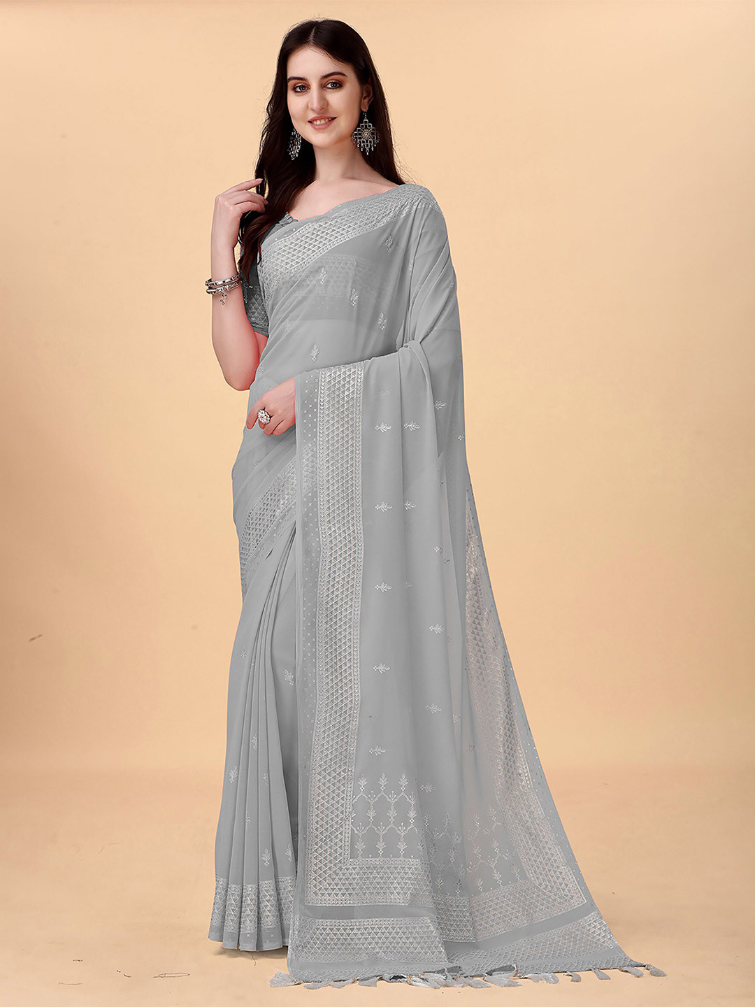 

KALINI Ethnic Motifs Woven Design Kanjeevaram Saree, Grey