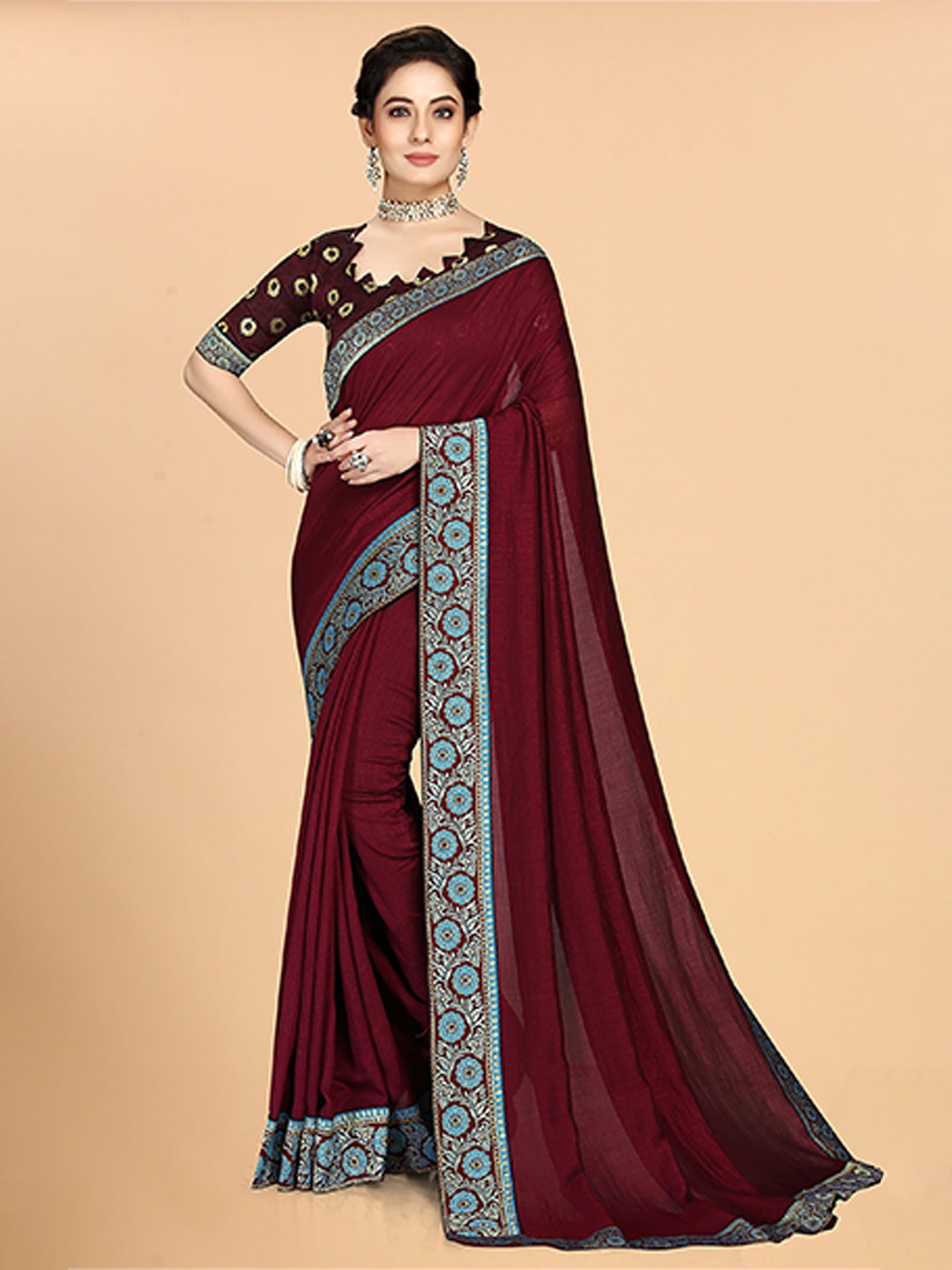 

KALINI Woven Design Border Kanjeevaram Saree, Maroon