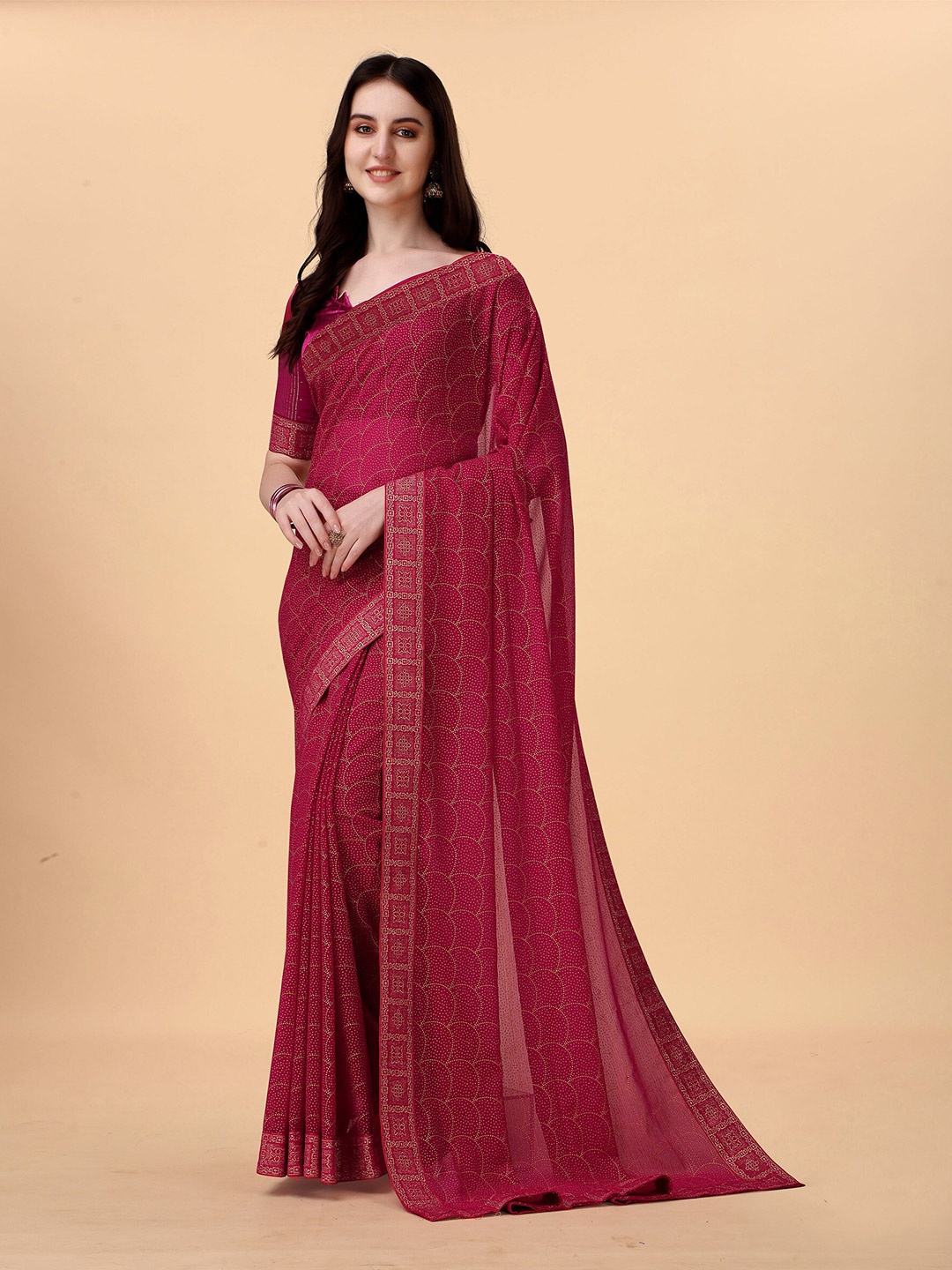 

KALINI Geometric Printed Kanjeevaram Saree, Pink