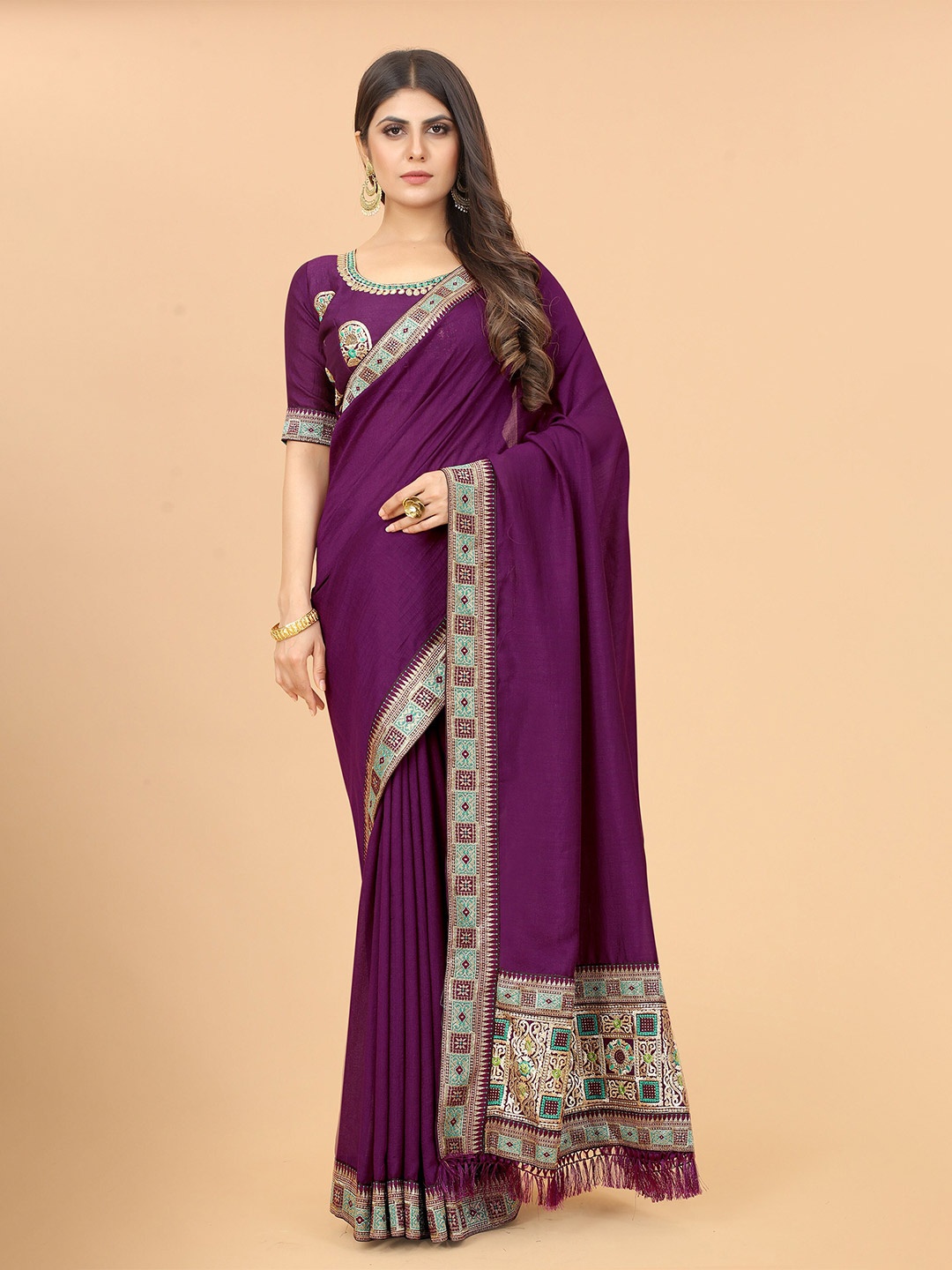 

KALINI Woven Design Zari Border Kanjeevaram Saree, Purple