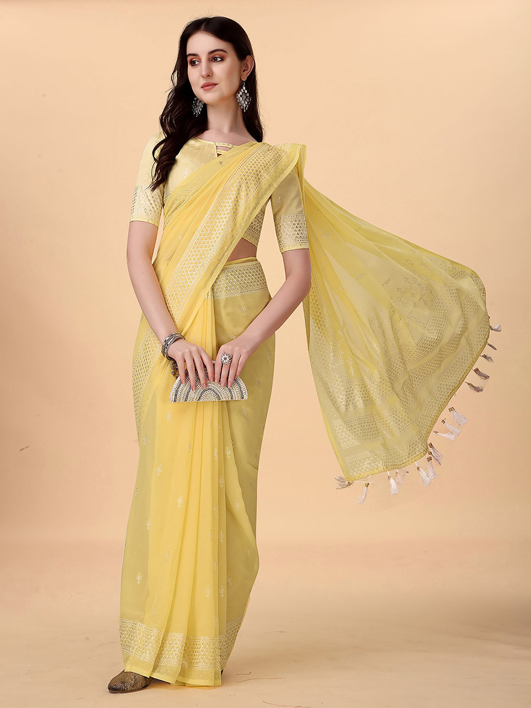 

KALINI Ethnic Motifs Woven Design Zari Kanjeevaram Saree, Yellow