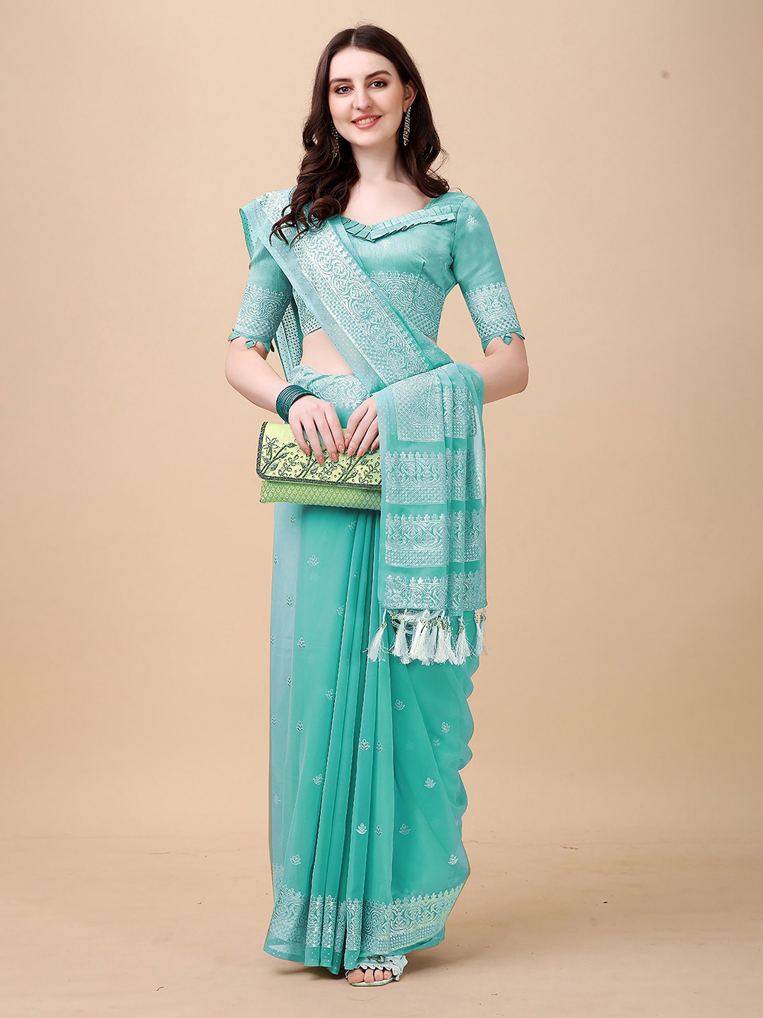 

KALINI Ethnic Motifs Woven Design Zari Kanjeevaram Saree, Blue