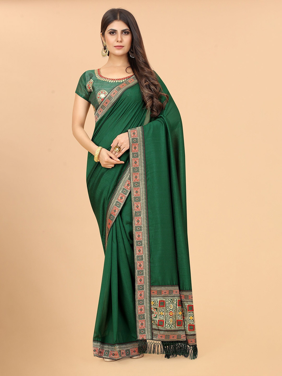 

KALINI Zari Woven Design Border Saree, Green