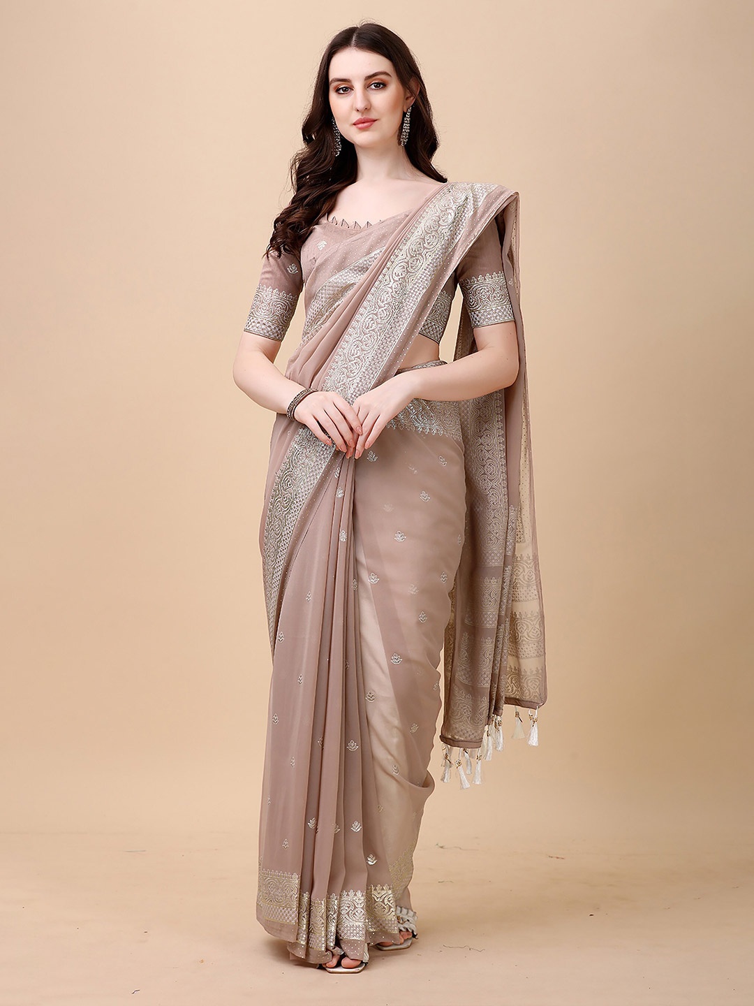 

KALINI Ethnic Motifs Woven Design Zari Saree, Brown