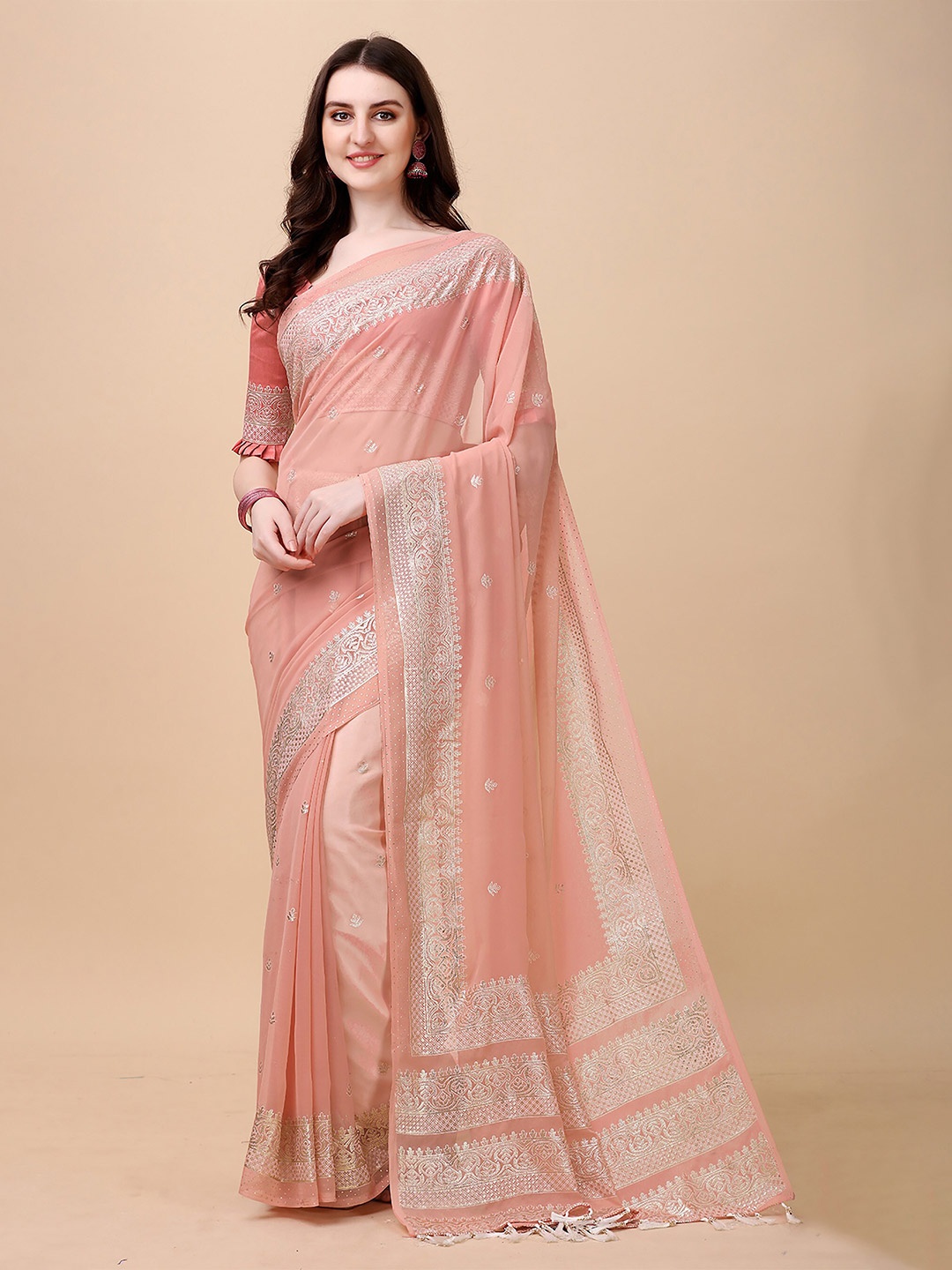 

KALINI Ethnic Motifs Woven Design Zari Saree, Peach