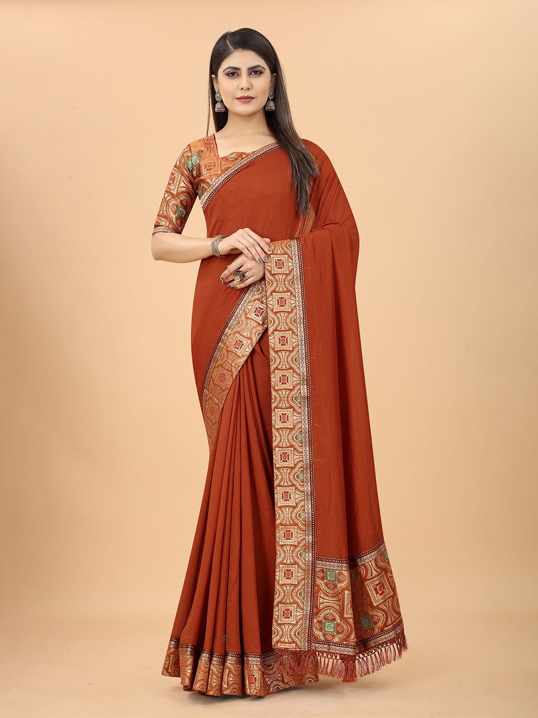 

KALINI Zari Woven Design Border Saree, Orange