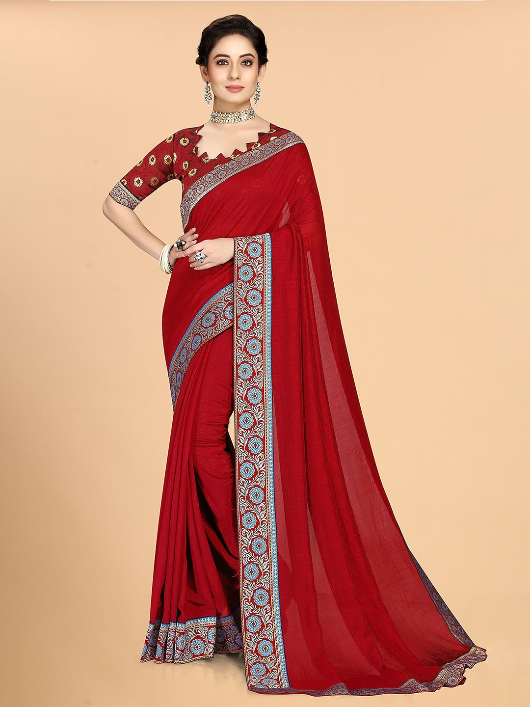 

KALINI Zari Woven Design Border Saree, Red