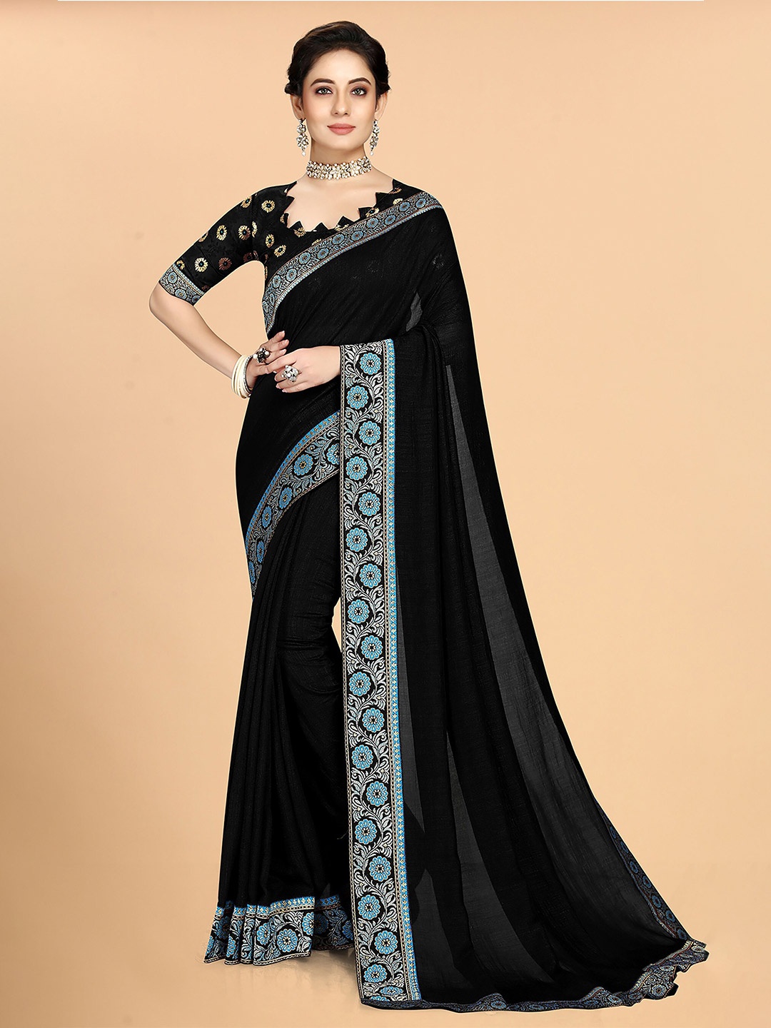 

KALINI Zari Woven Design Border Saree, Black