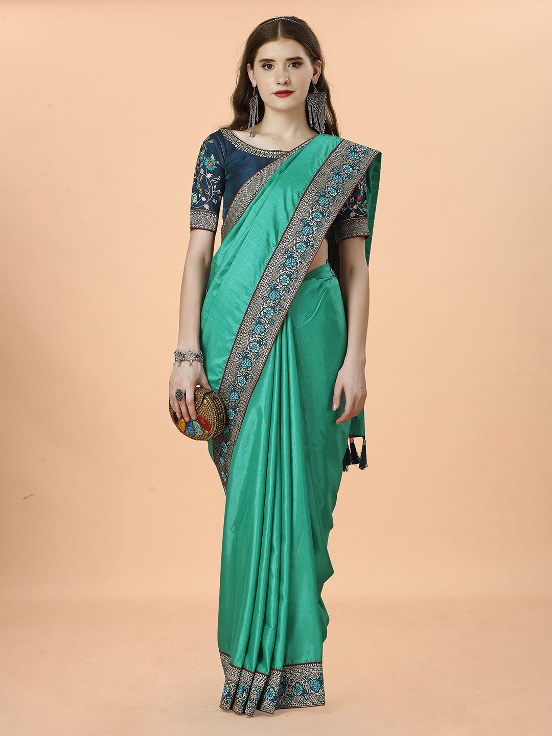 

KALINI Woven Design Border Saree, Teal