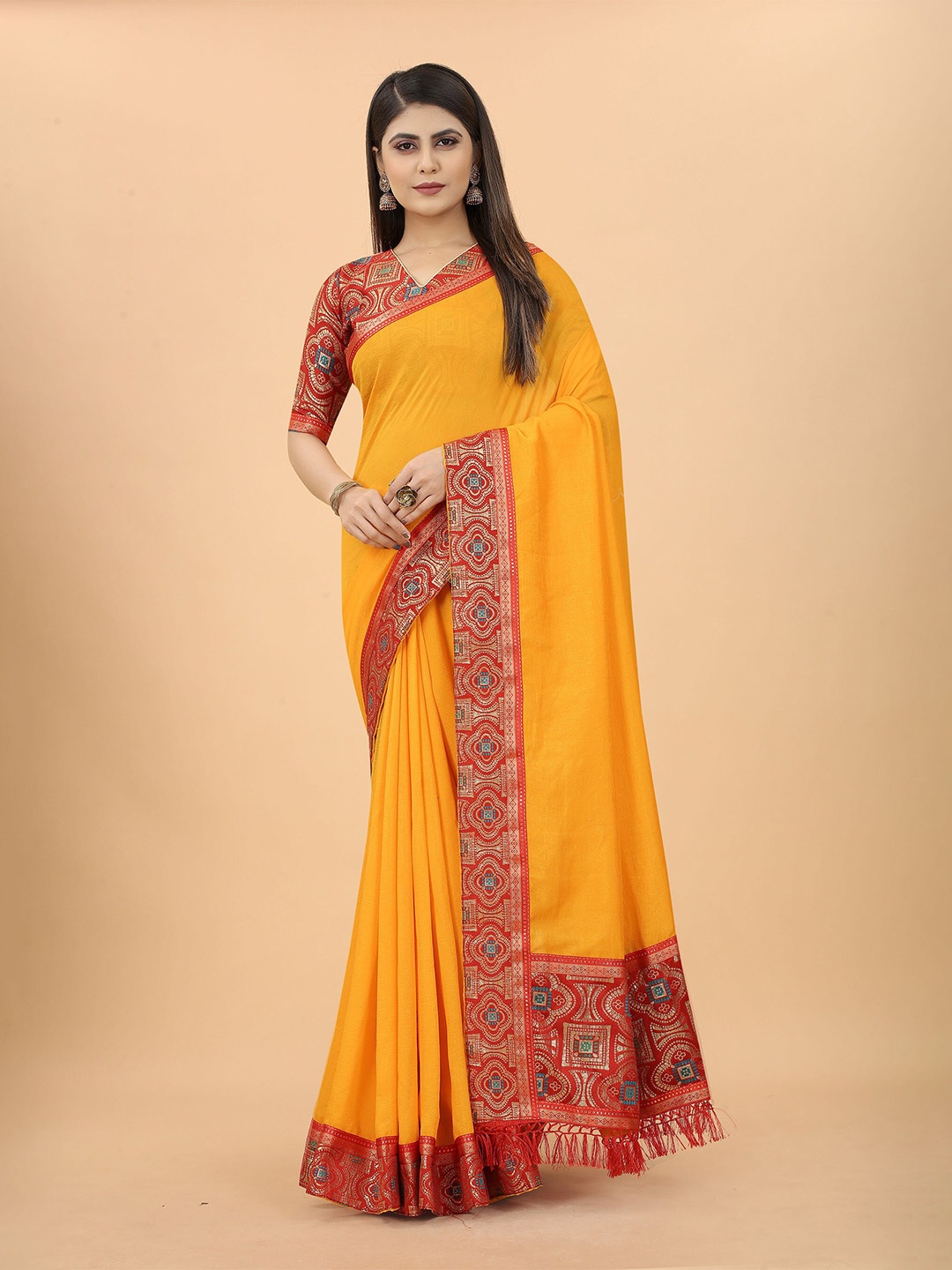 

KALINI Woven Design Border Saree, Yellow