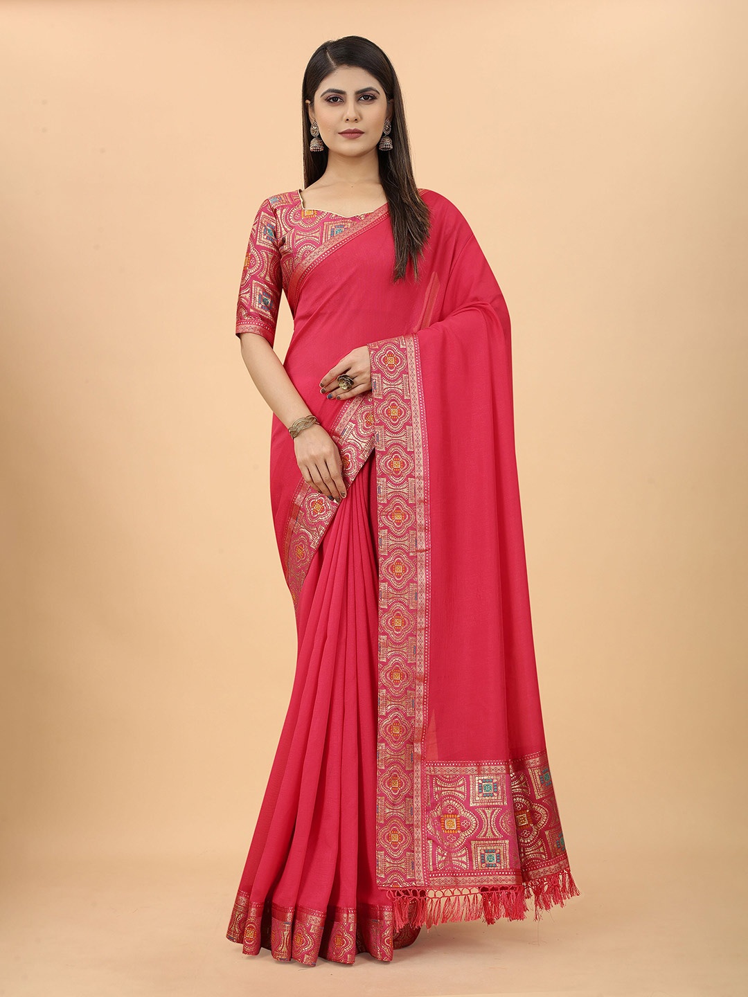

KALINI Woven Design Border Saree, Pink