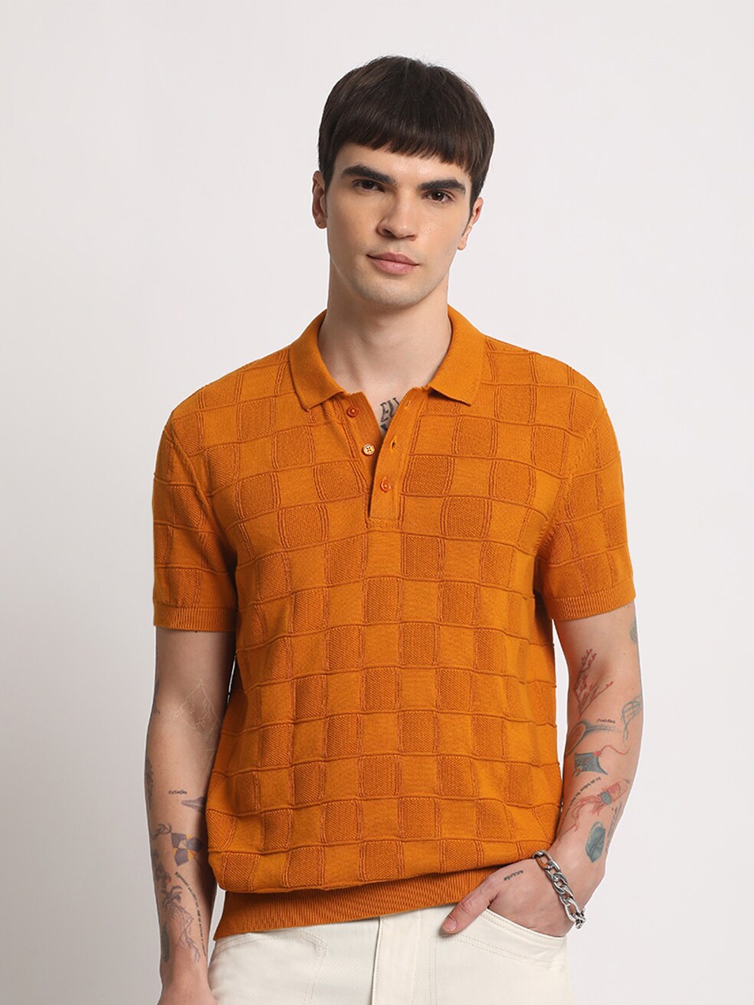 

THE BEAR HOUSE Checked Polo Collar Pure Cotton T-shirt, Mustard