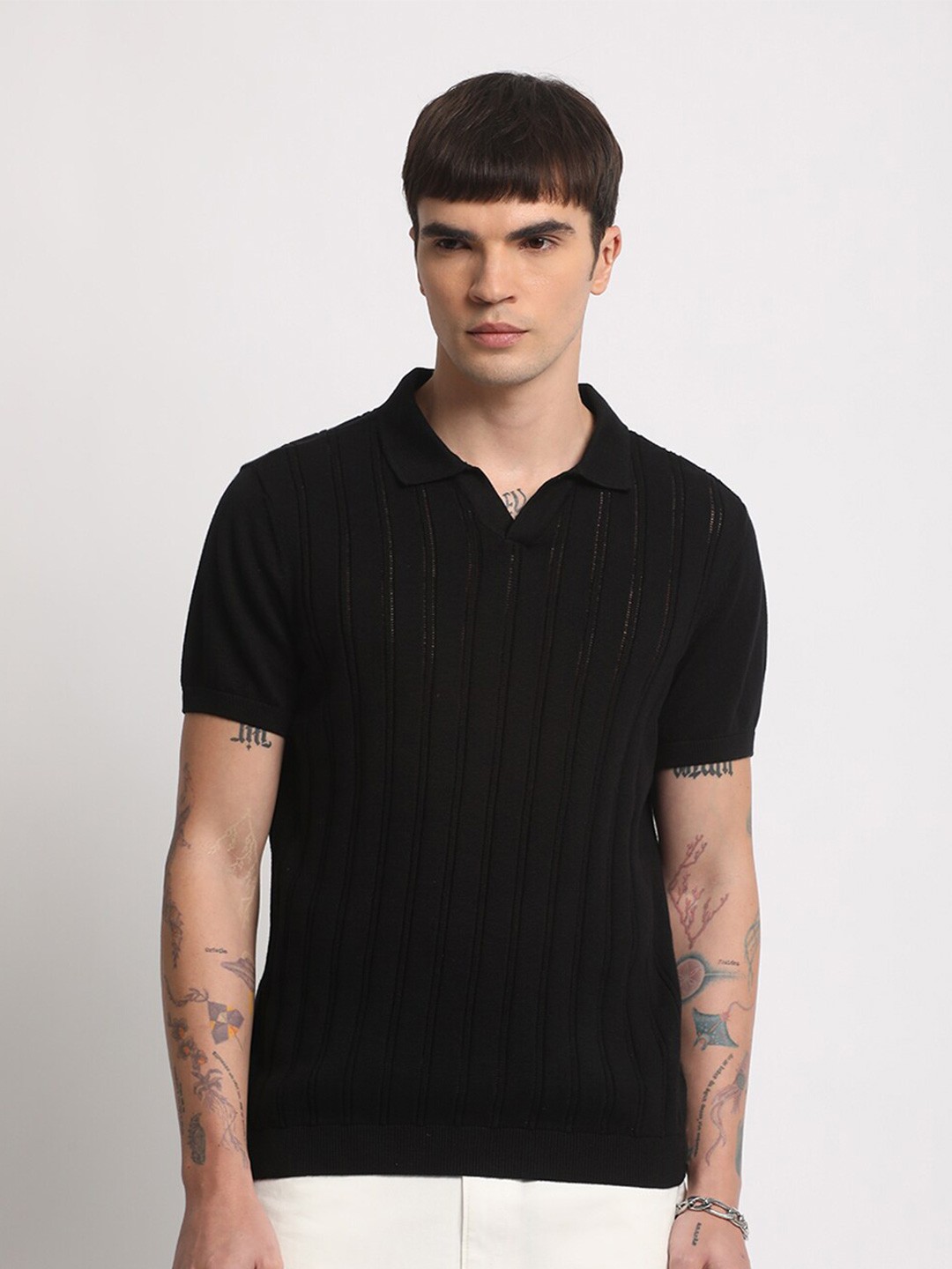 

THE BEAR HOUSE Striped Polo Collar Pure Cotton T-shirt, Black