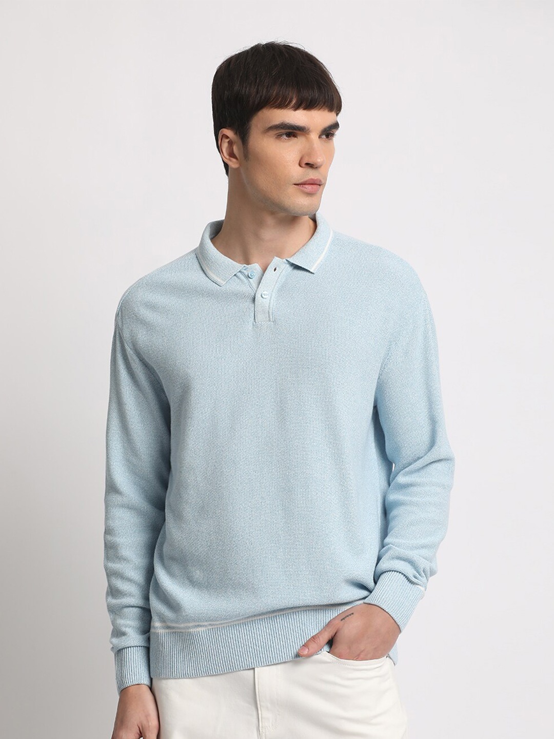 

THE BEAR HOUSE Self Design Polo Collar Pure Cotton T-shirt, Blue