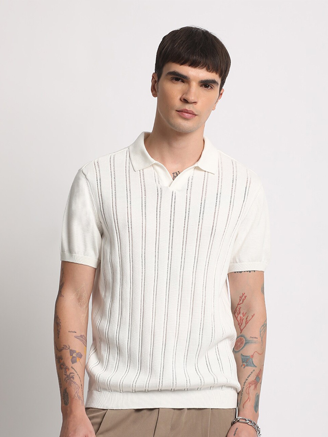 

THE BEAR HOUSE Striped Polo Collar Pure Cotton T-shirt, White