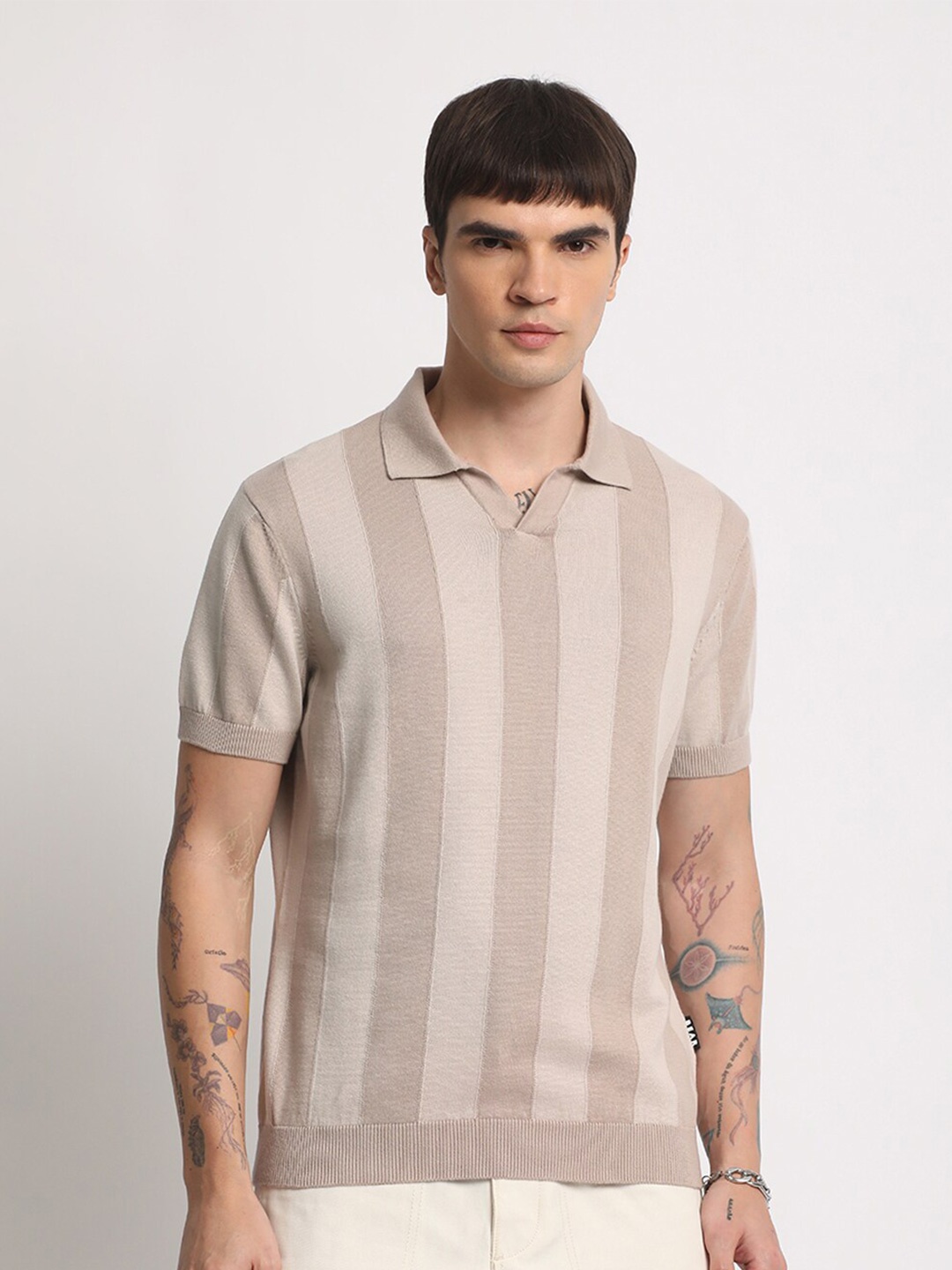 

THE BEAR HOUSE Striped Polo Collar Pure Cotton T-shirt, Brown