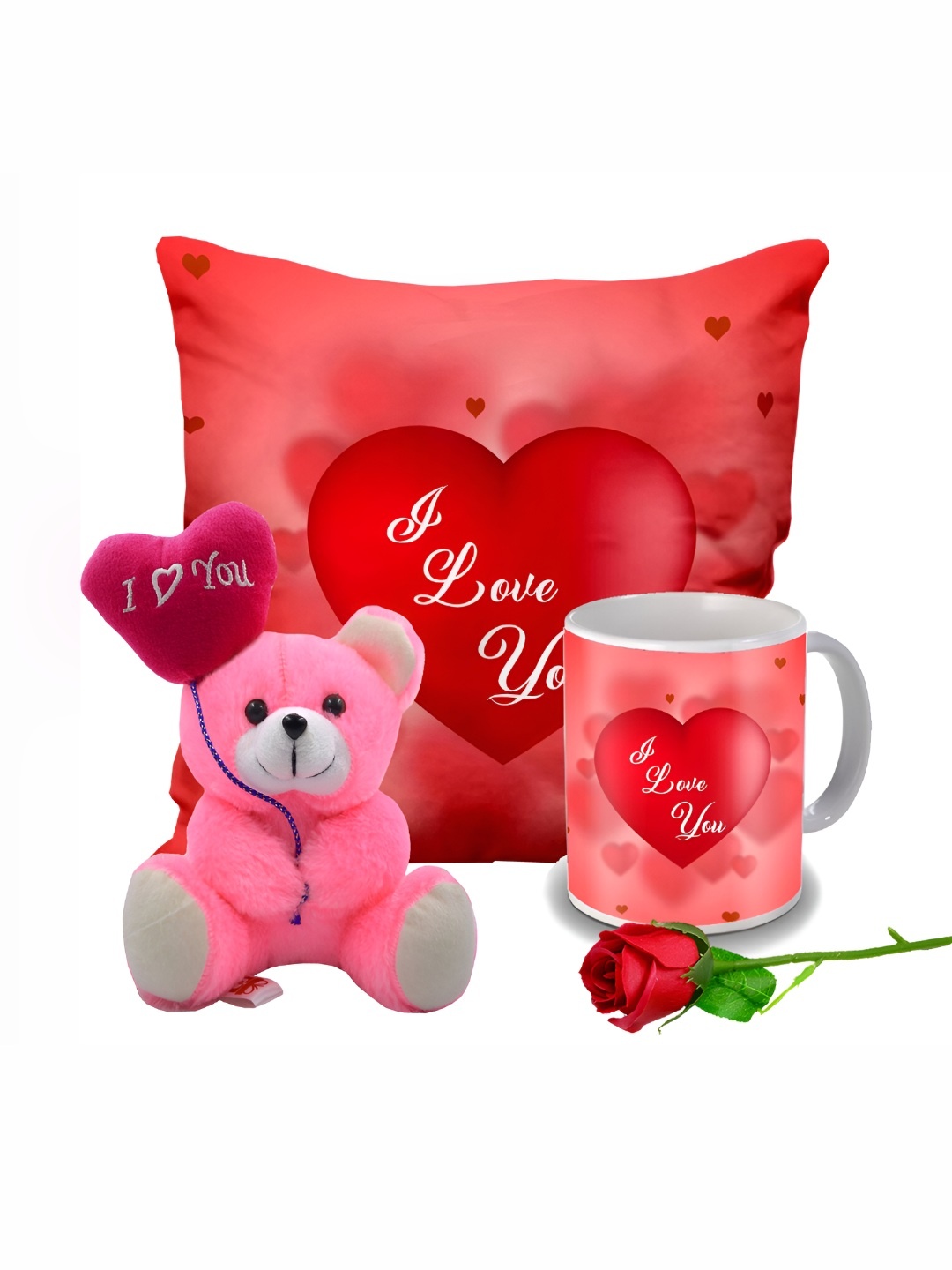 

ME & YOU Red & Pink 4 Pieces Cushion Mug Teddy & Rose Valentine Gift Set