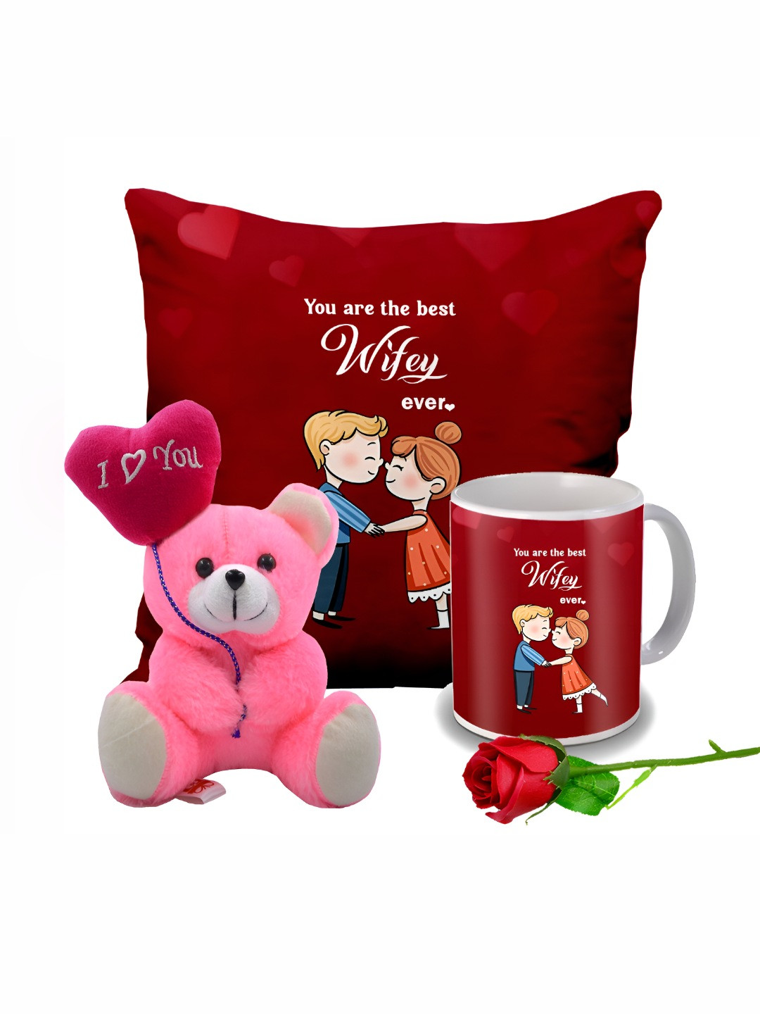 

ME & YOU Red & Pink 4 Pieces Cushion Mug Teddy & Rose Valentine Gift Set