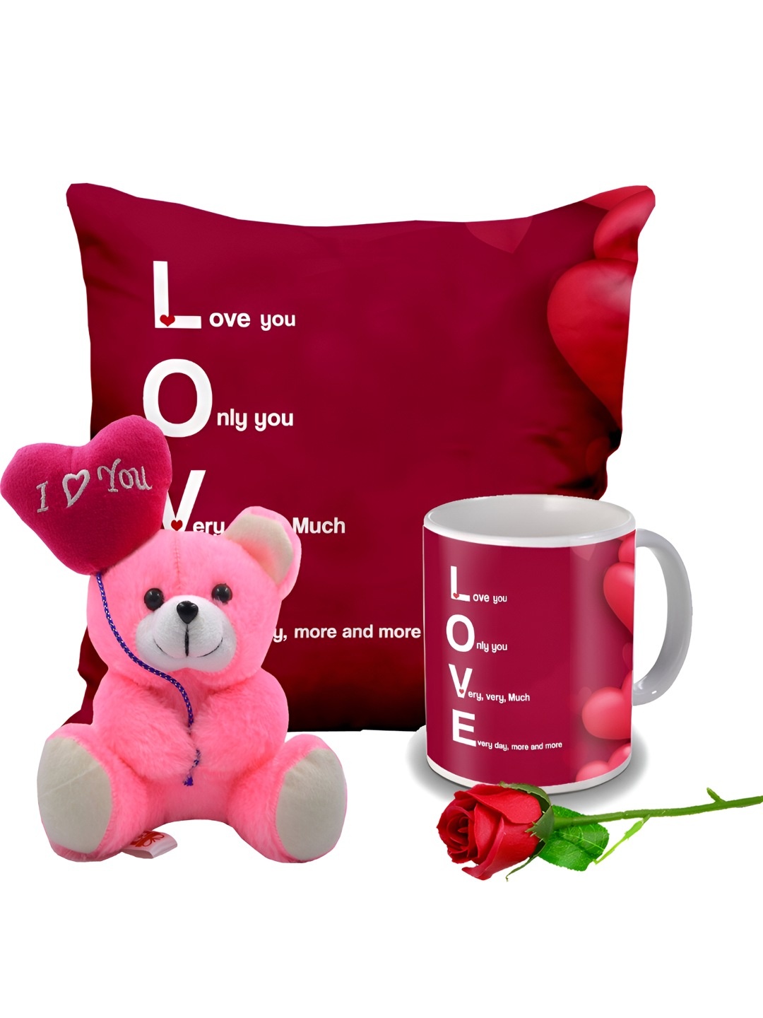 

ME & YOU Red & Pink 4 Pieces Cushion Mug Teddy & Rose Valentine Gift Set