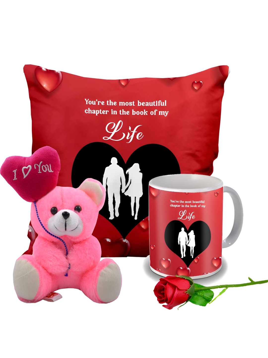 

ME & YOU Red & Pink 4 Pieces Cushion Mug Teddy & Rose Valentine Gift Set