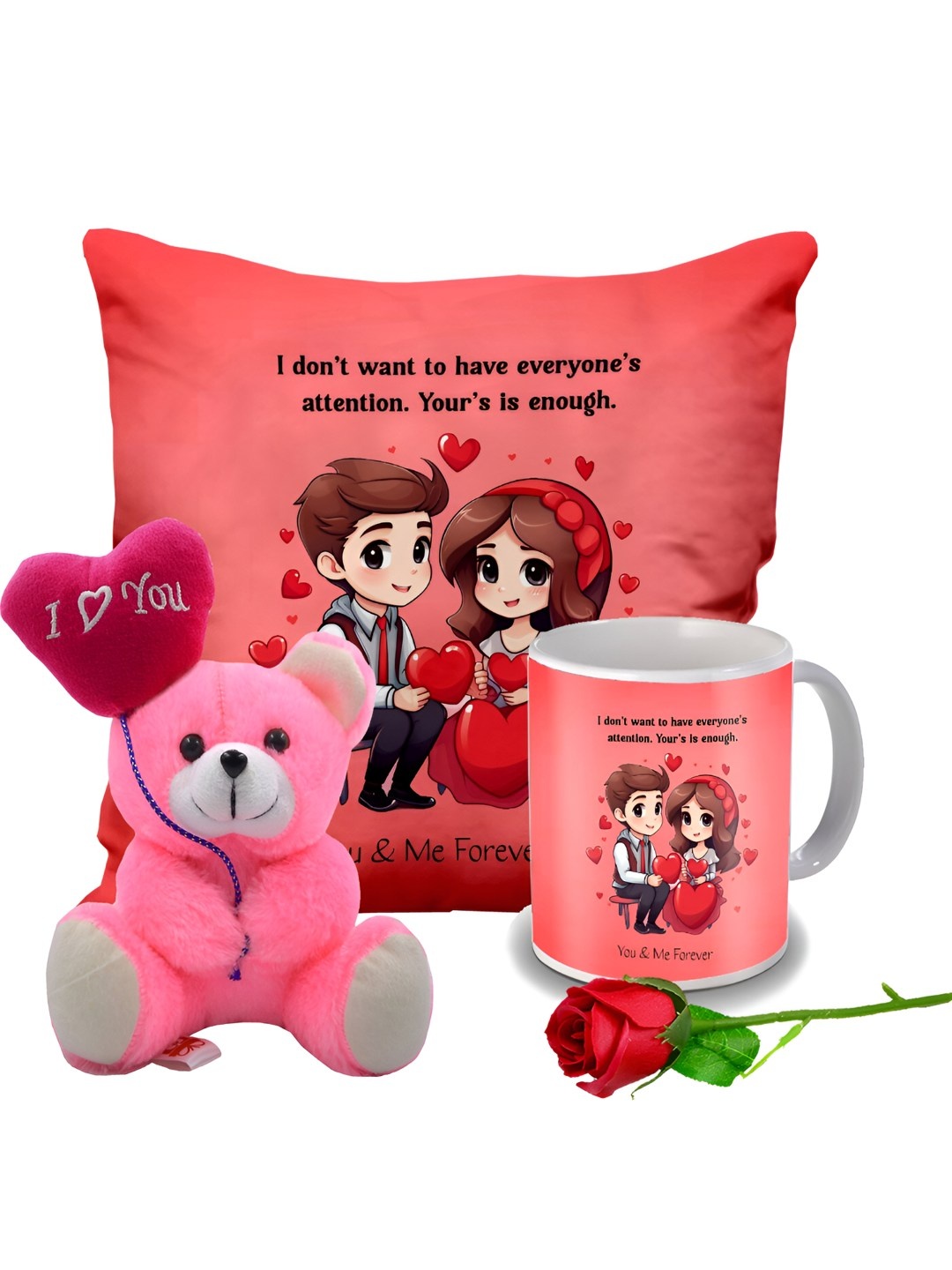 

ME & YOU Red & Pink 4 Pieces Cushion Mug Teddy & Rose Valentine Gift Set