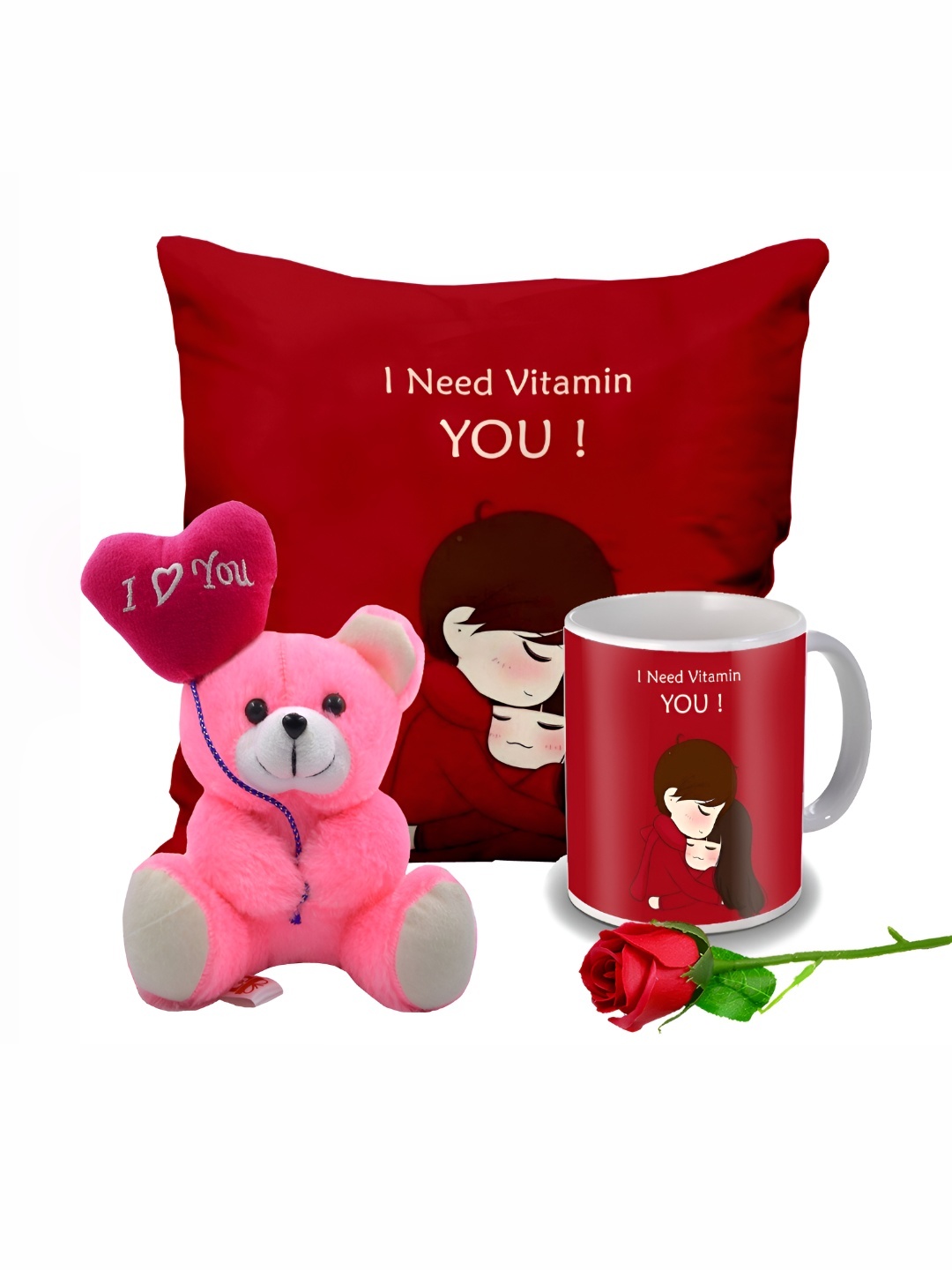 

ME & YOU Red & Pink 4 Pieces Cushion Mug Teddy & Rose Valentine Gift Set