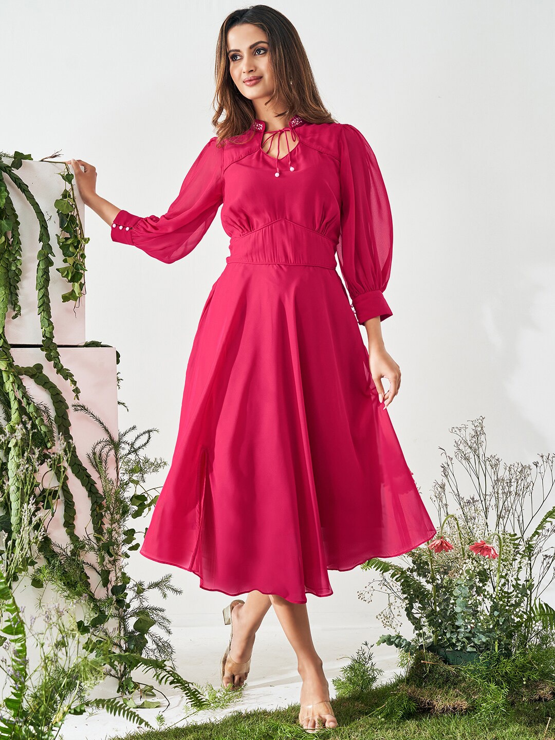 DRESOUL Floral Tie Up Neck Puff Sleeve Georgette Fit & Flare Midi Dress, Pink