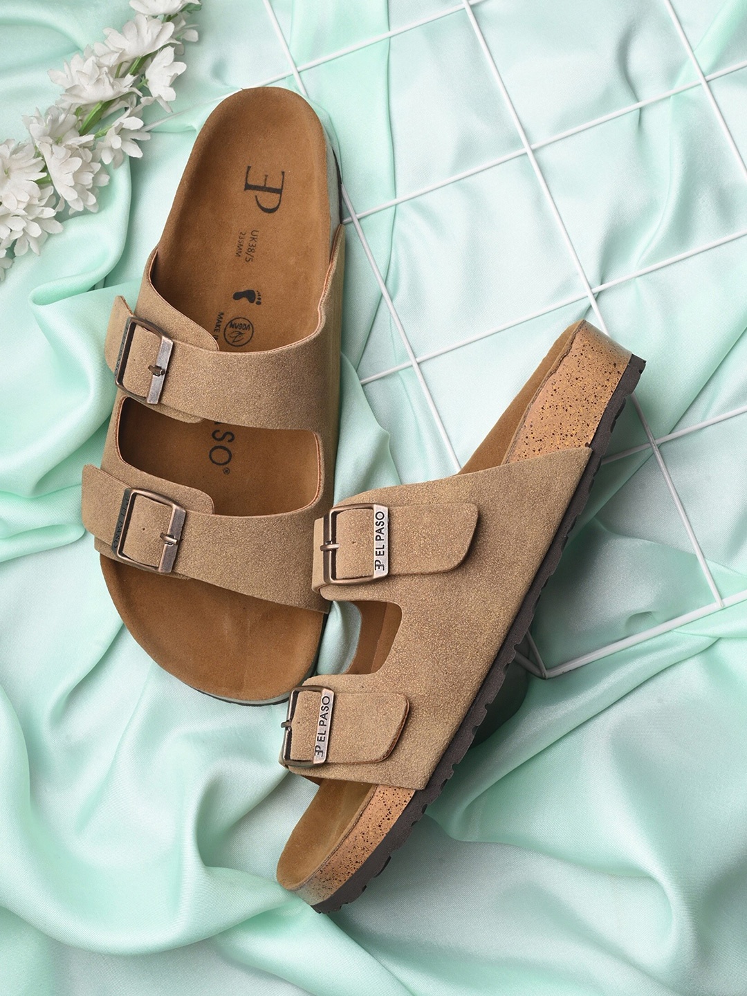 

El Paso Buckles Open Toe Flats, Camel brown