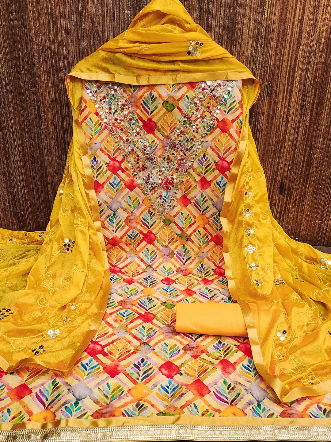 

Panzora Ethnic Motifs Printed Sequined Unstitched Dress Material, Yellow