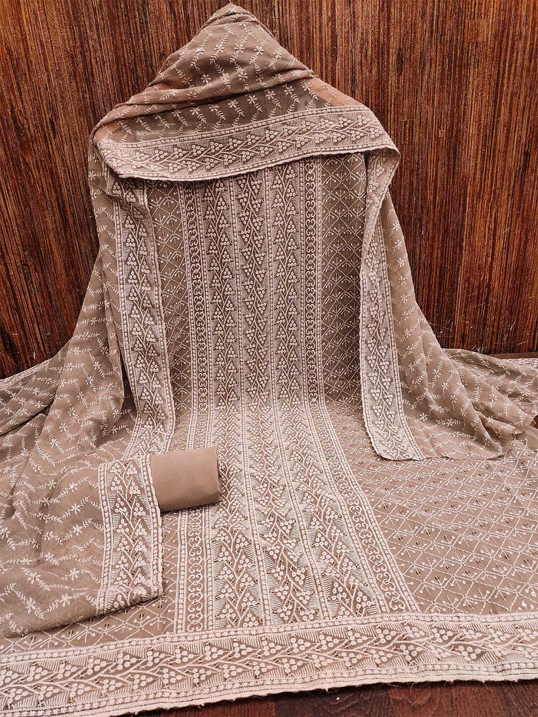 

Panzora Ethnic Motifs Embroidered Sequinned Unstitched Dress Material, Brown