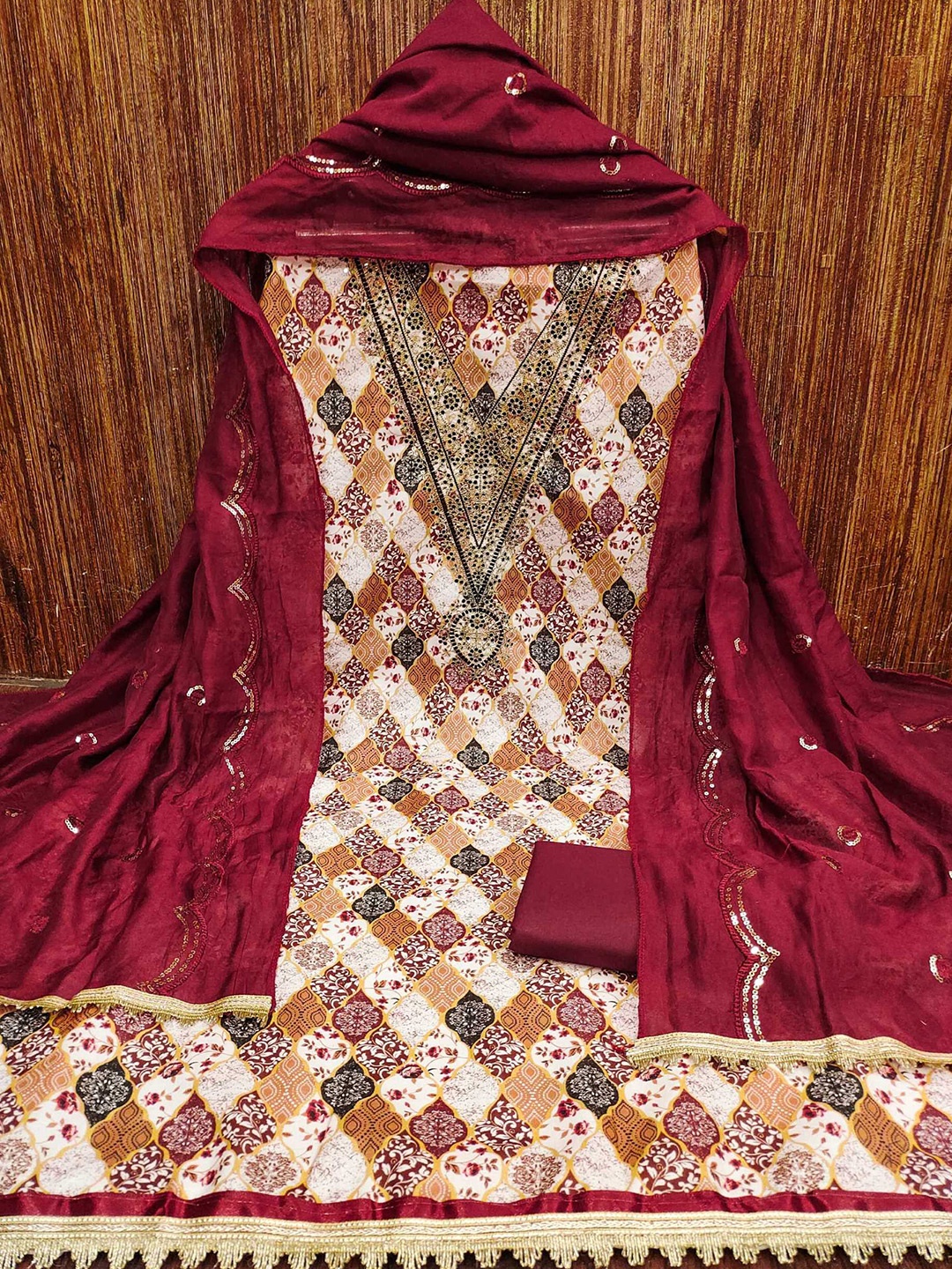 

Panzora Ethnic Motifs Printed Unstitched Dress Material, Maroon