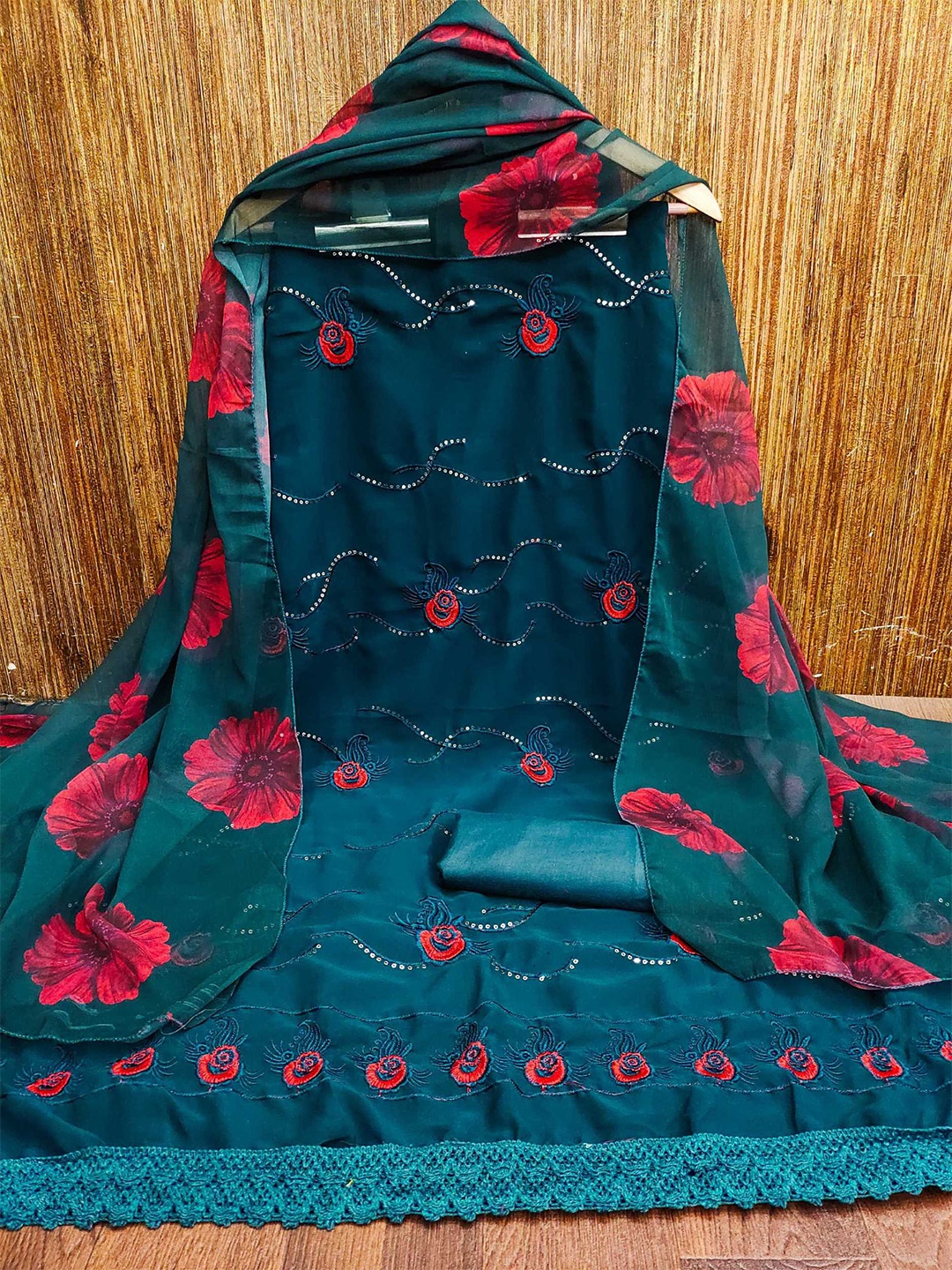 

Panzora Floral Embroidered Sequinned Unstitched Dress Material, Teal