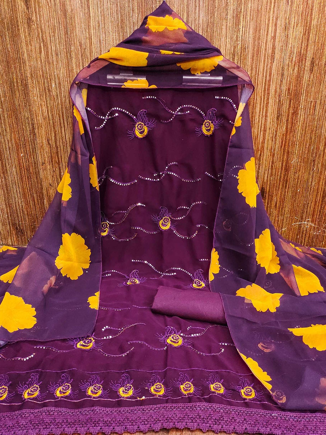 

Panzora Floral Embroidered Sequinned Unstitched Dress Material, Purple