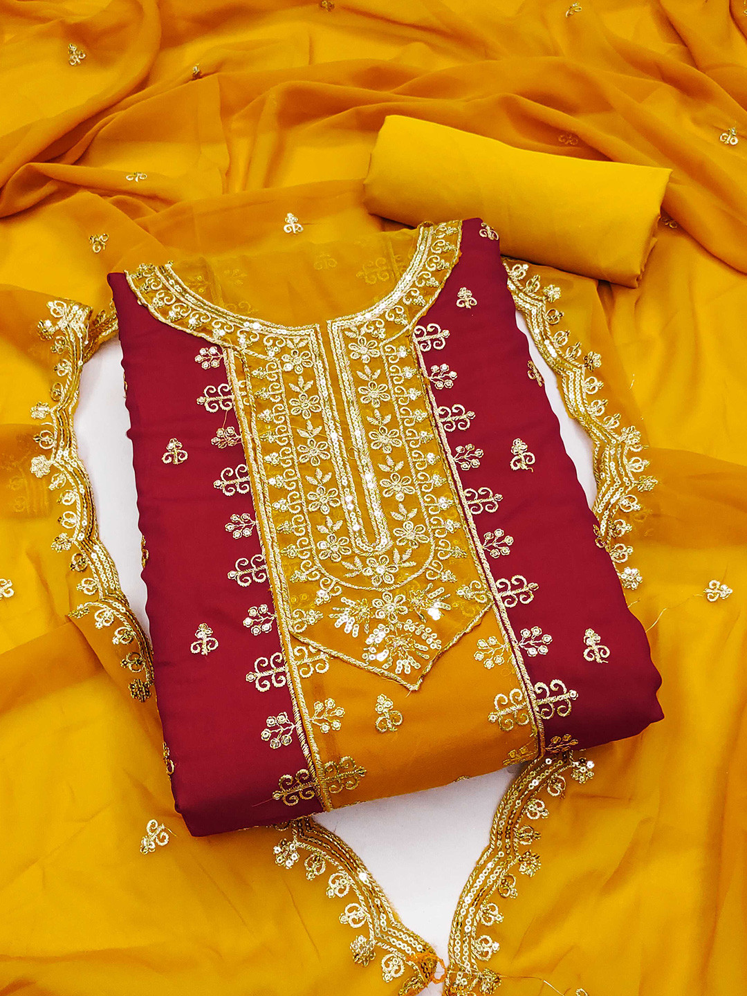 

Panzora Ethnic Motifs Embroidered Sequinned Unstitched Dress Material, Red