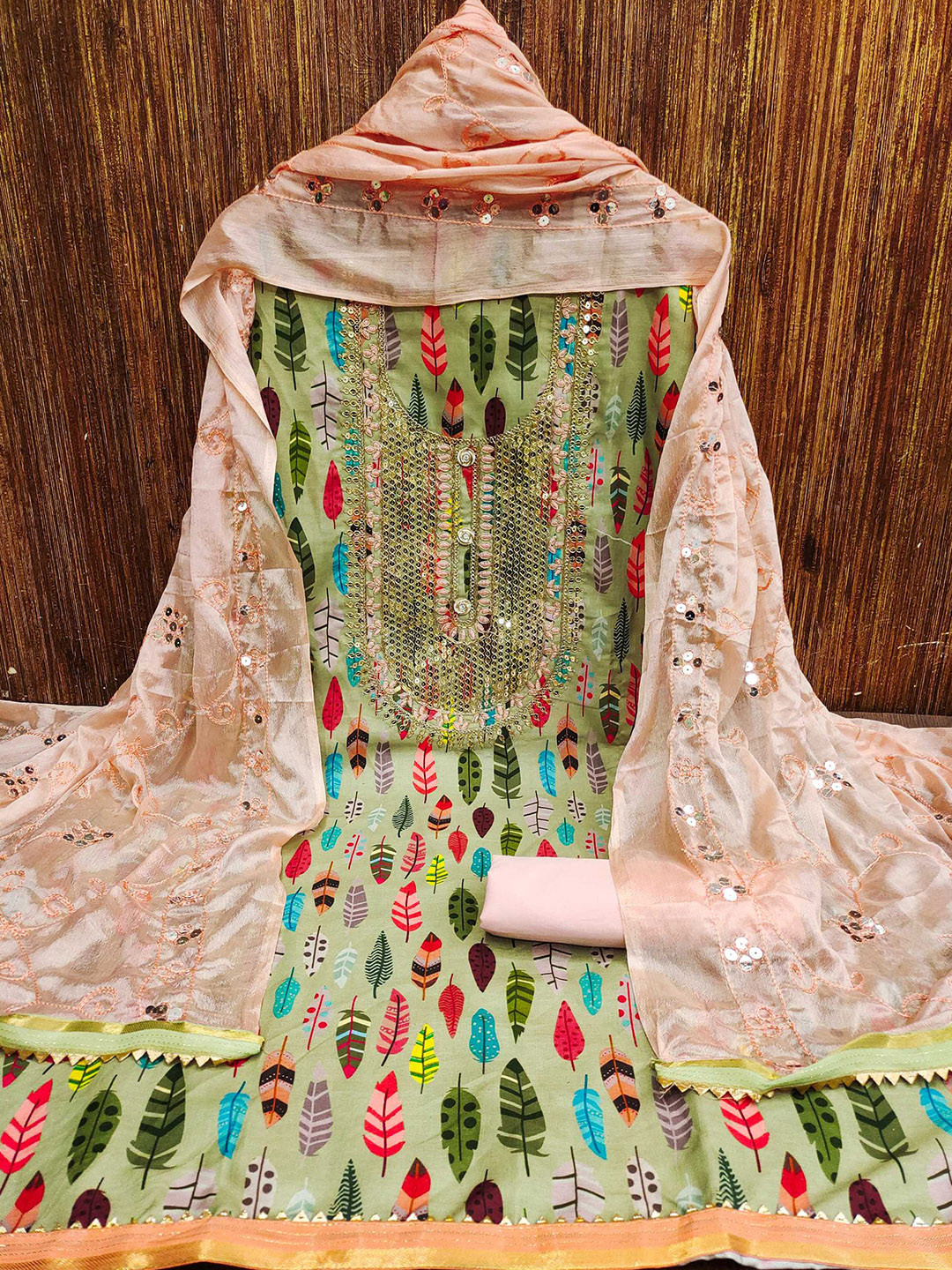 

Panzora Ethnic Motifs Printed Gotta Patti Unstitched Dress Material, Green