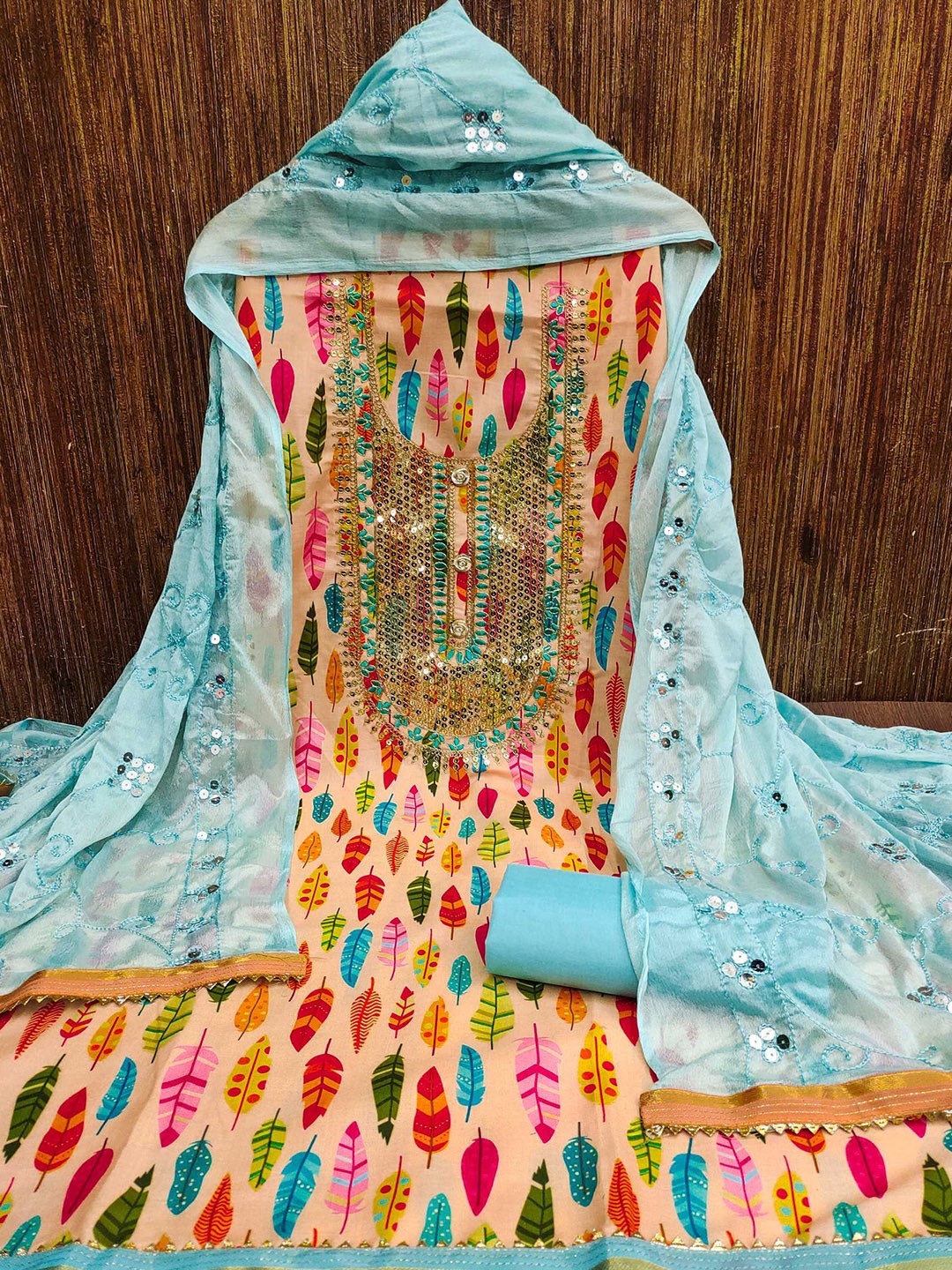 

Panzora Printed Unstitched Dress Material, Peach
