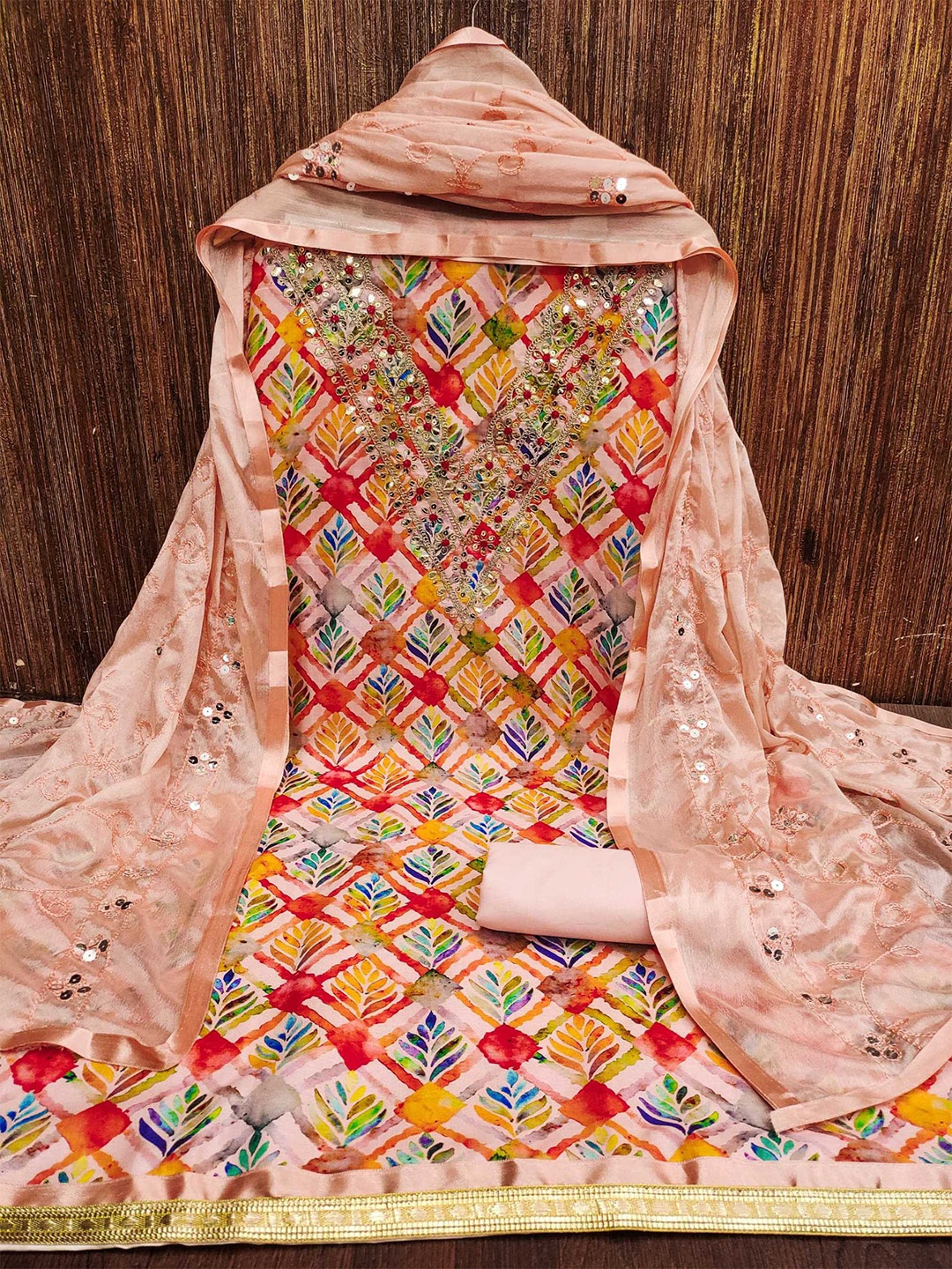 

Panzora Floral Printed Sequinned Unstitched Dress Material, Peach