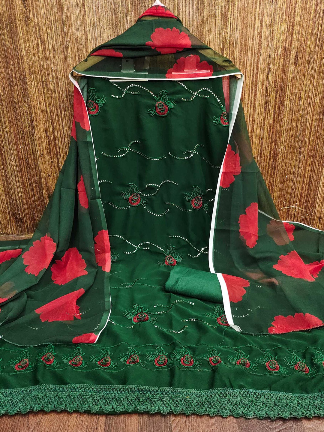 

Panzora Floral Embroidered Sequined Unstitched Dress Material, Green