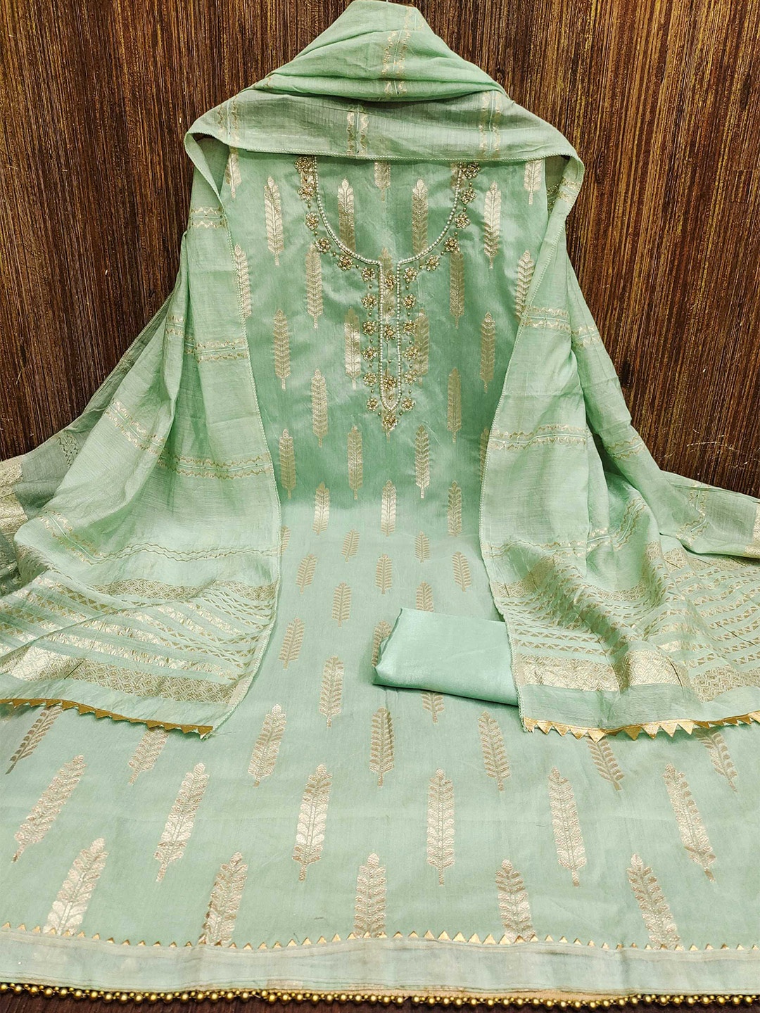 

Panzora Ethnic Motifs Woven Design Unstitched Dress Material, Green