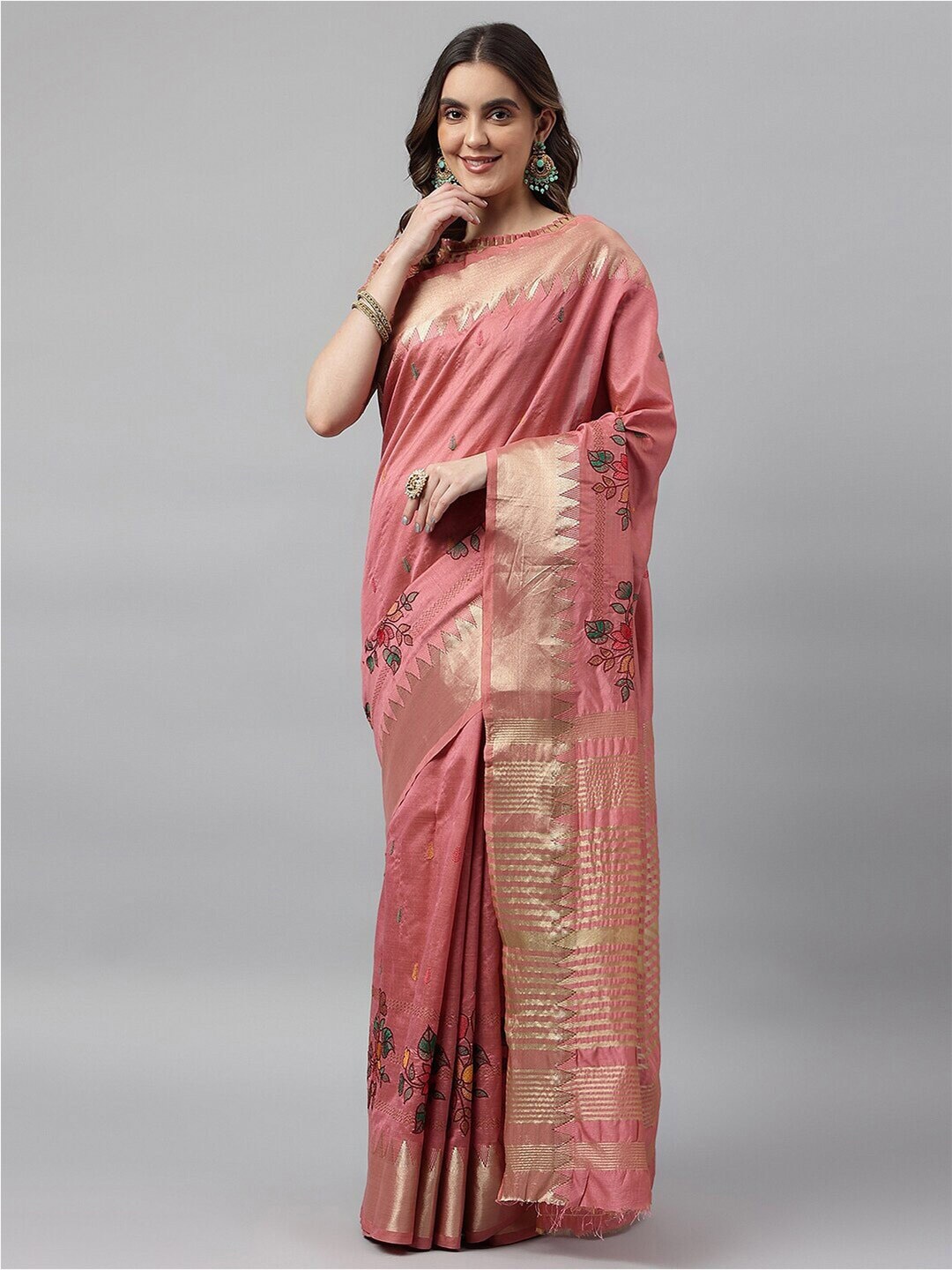 

Mitera Ethnic Woven Design Embroidered Banarasi Saree, Pink