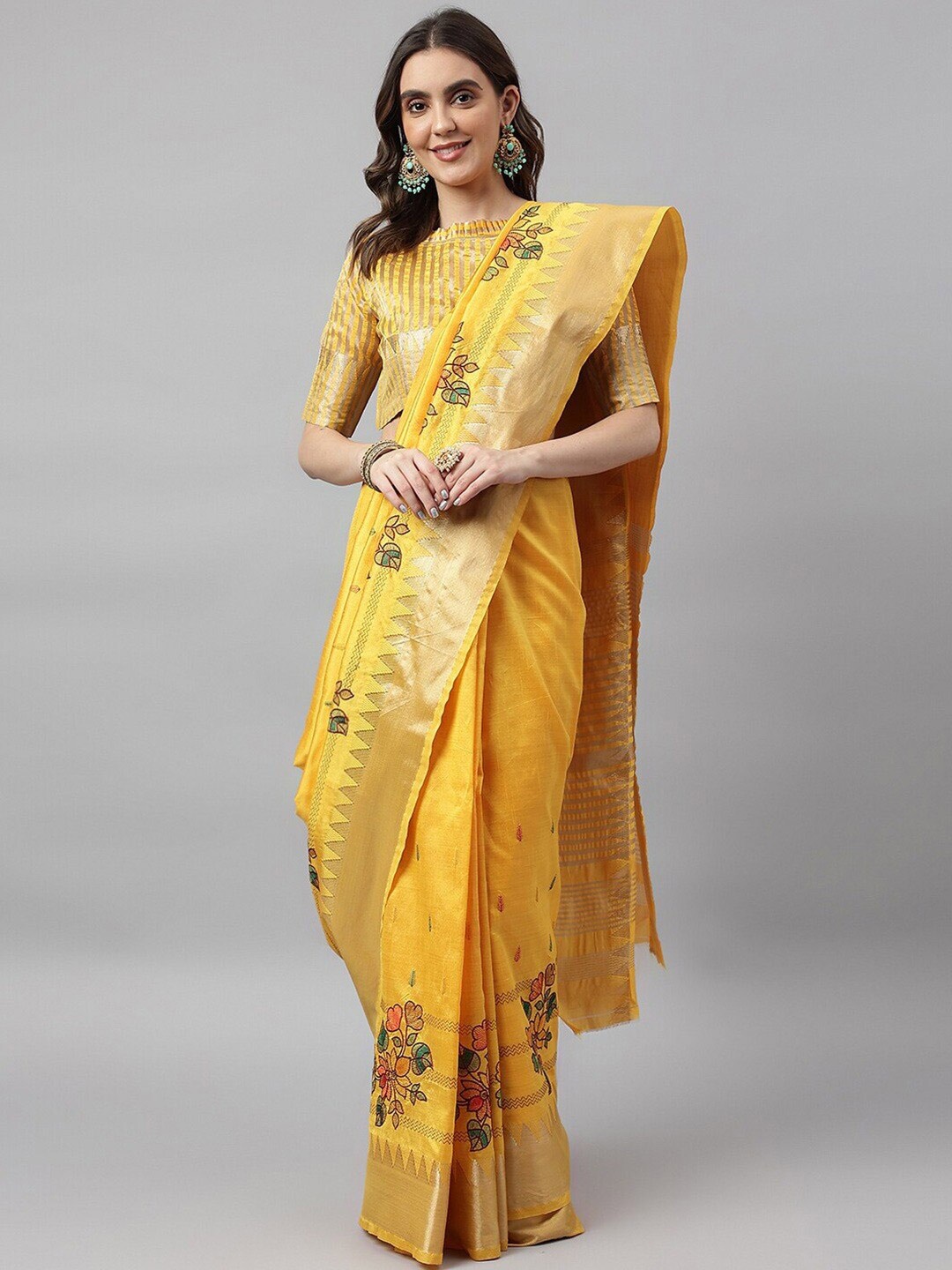 

Mitera Yellow & GoldToned Ethnic Woven Design Embroidered Silk Cotton Banarasi Saree