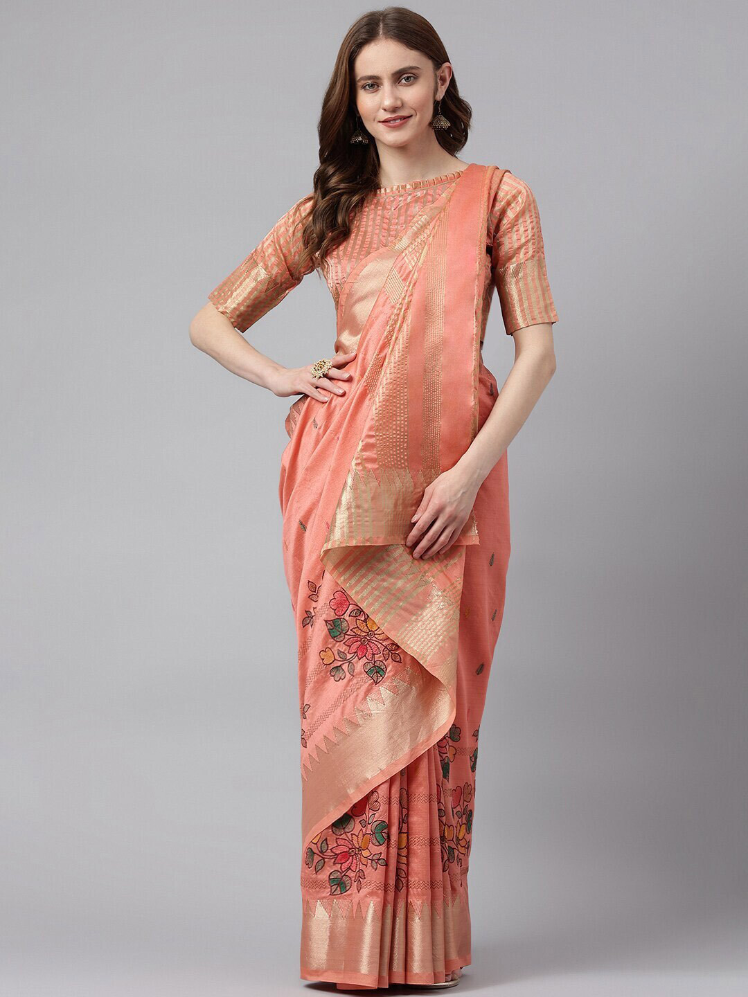 

Mitera PeachColoured & GoldToned Floral Embroidered Silk Cotton Banarasi Saree, Peach