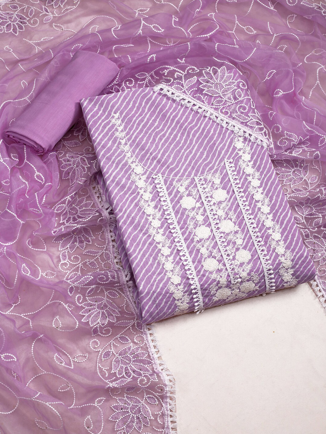 

Inddus Floral Embroidered Sequinned Unstitched Dress Material, Lavender