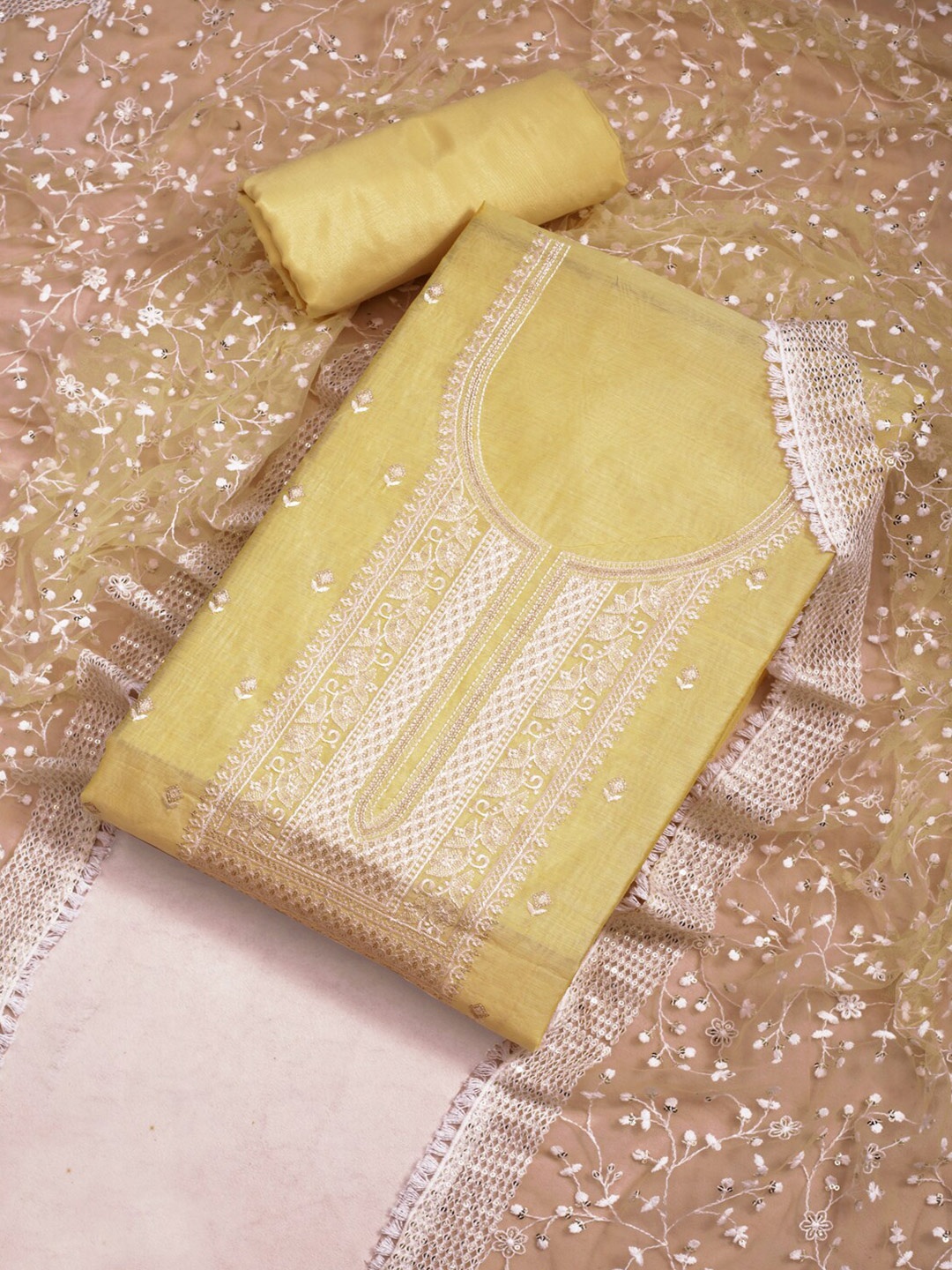 

Inddus Yellow Floral Embroidered Sequinned Unstitched Dress Material