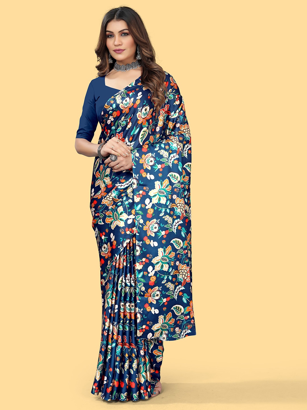 

NIWAA Floral Satin Saree, Navy blue