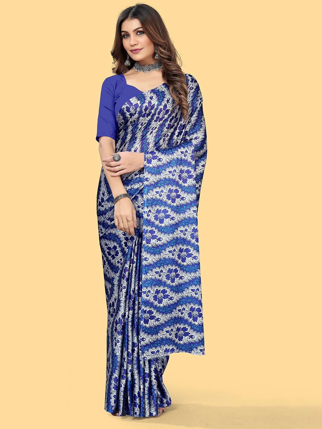 

NIWAA Floral Satin Saree, Blue
