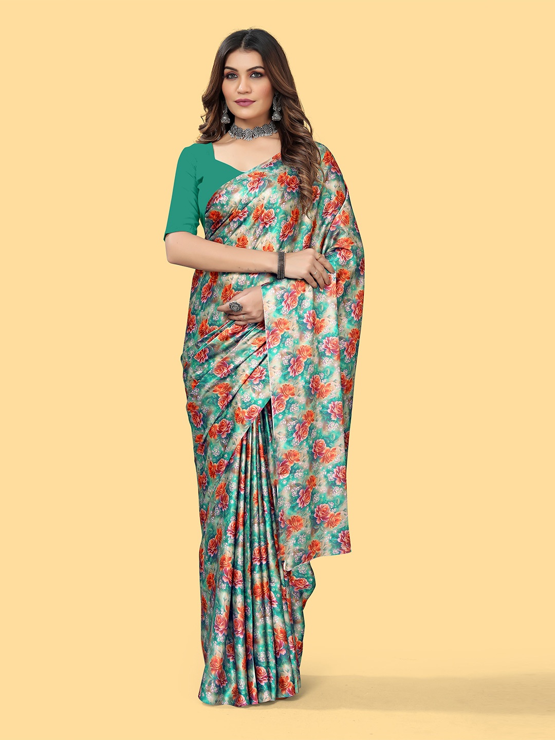 

NIWAA Floral Satin Saree, Green