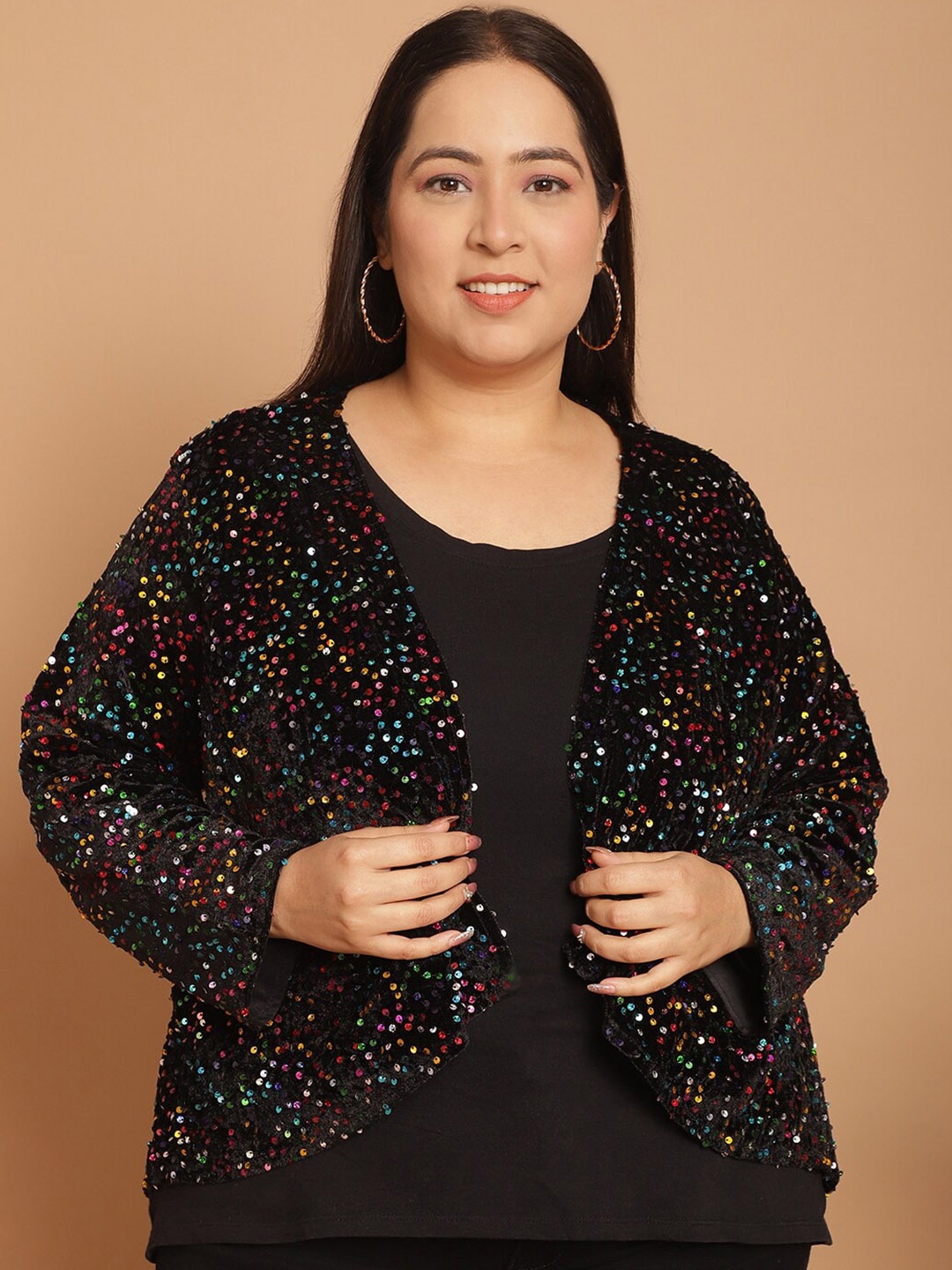 

urSense Plus Size Embellished Open Front Party Shrug, Black
