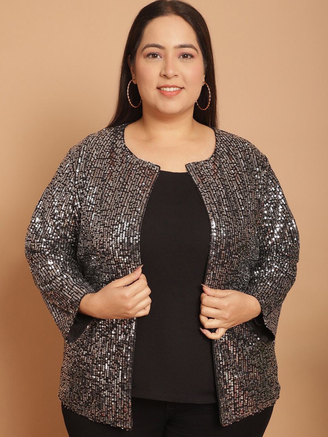 

urSense Plus Size Embellished Open Front Party Shrug, Black