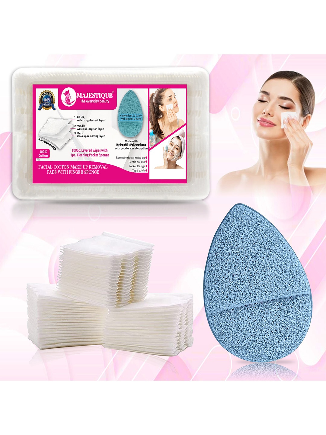 

MAJESTIQUE Set of Facial Cotton Wipes - 100 Pieces & Cleansing Sponge, Blue